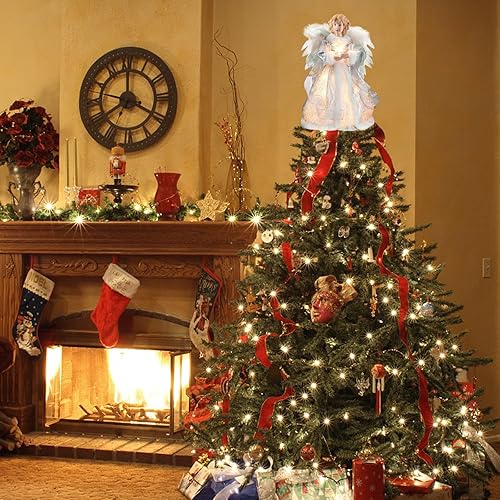 Miniatura 2 de Figura de ángel para árbol de Navidad, estrella LED para árbol de Navidad, 12.6 pulgadas, color marfil y dorado (plateado)