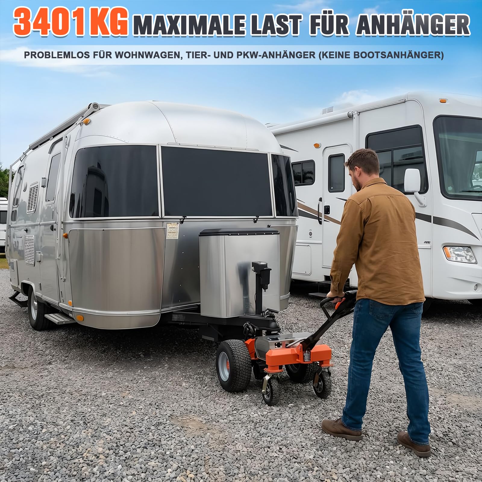 Elektrischer Anhänger Dolly mit 2 Kuppelkugeln(50mm&47.6mm), Elektrischer Trailer Mover MaxTraglast 3400kg mit Geländerädern, Höhenverstellbar, Vorwärts/Rückwärts/Bremsschalter für RV, Boot, Wohnmobil