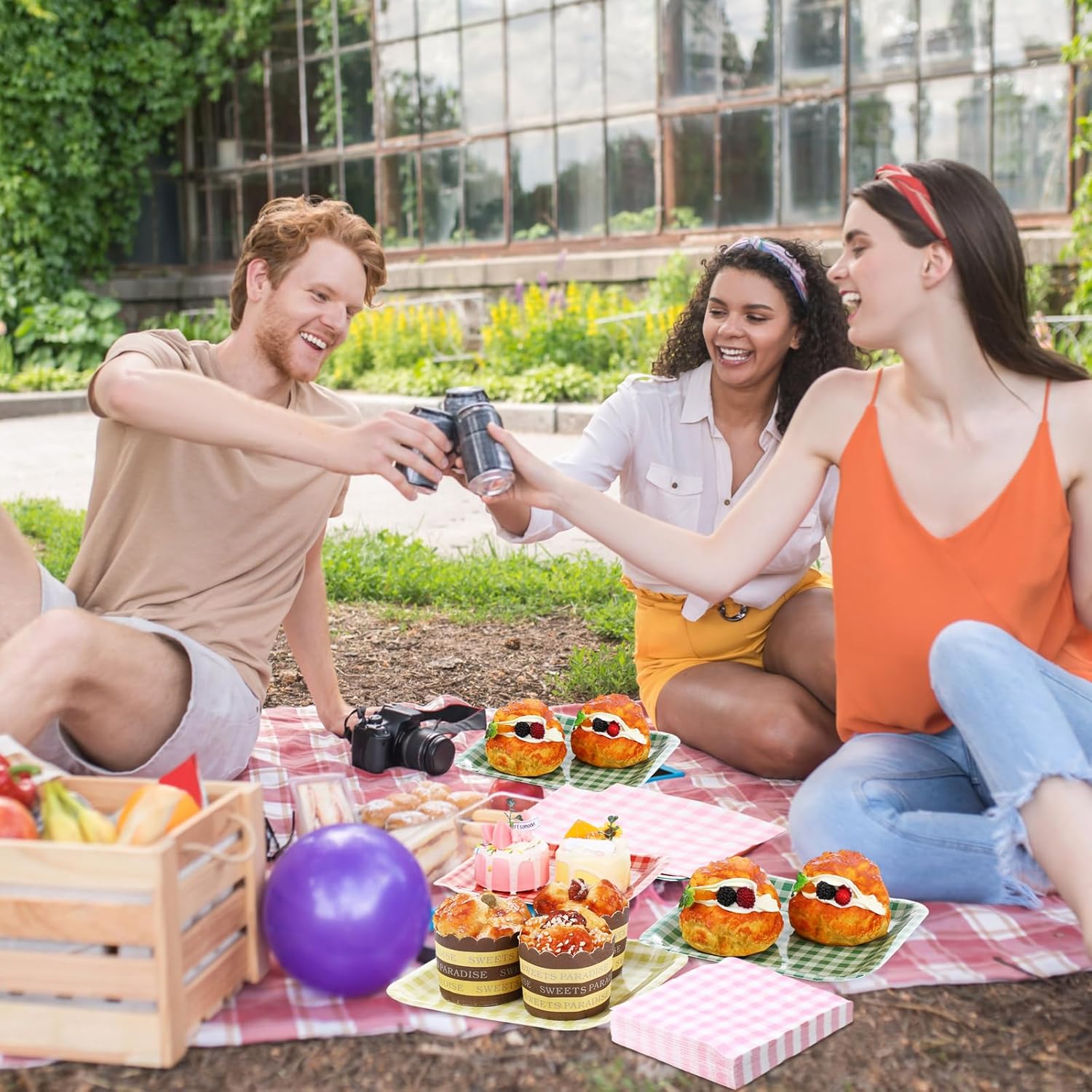 146 Pcs Gingham Paper Plate and Napkin Set Disposable Red Green Yellow Powder Checkerboard Square Tableware for Wedding Birthday Baby Shower Garden Spring Tea Party Supplies Serves 48 Guests