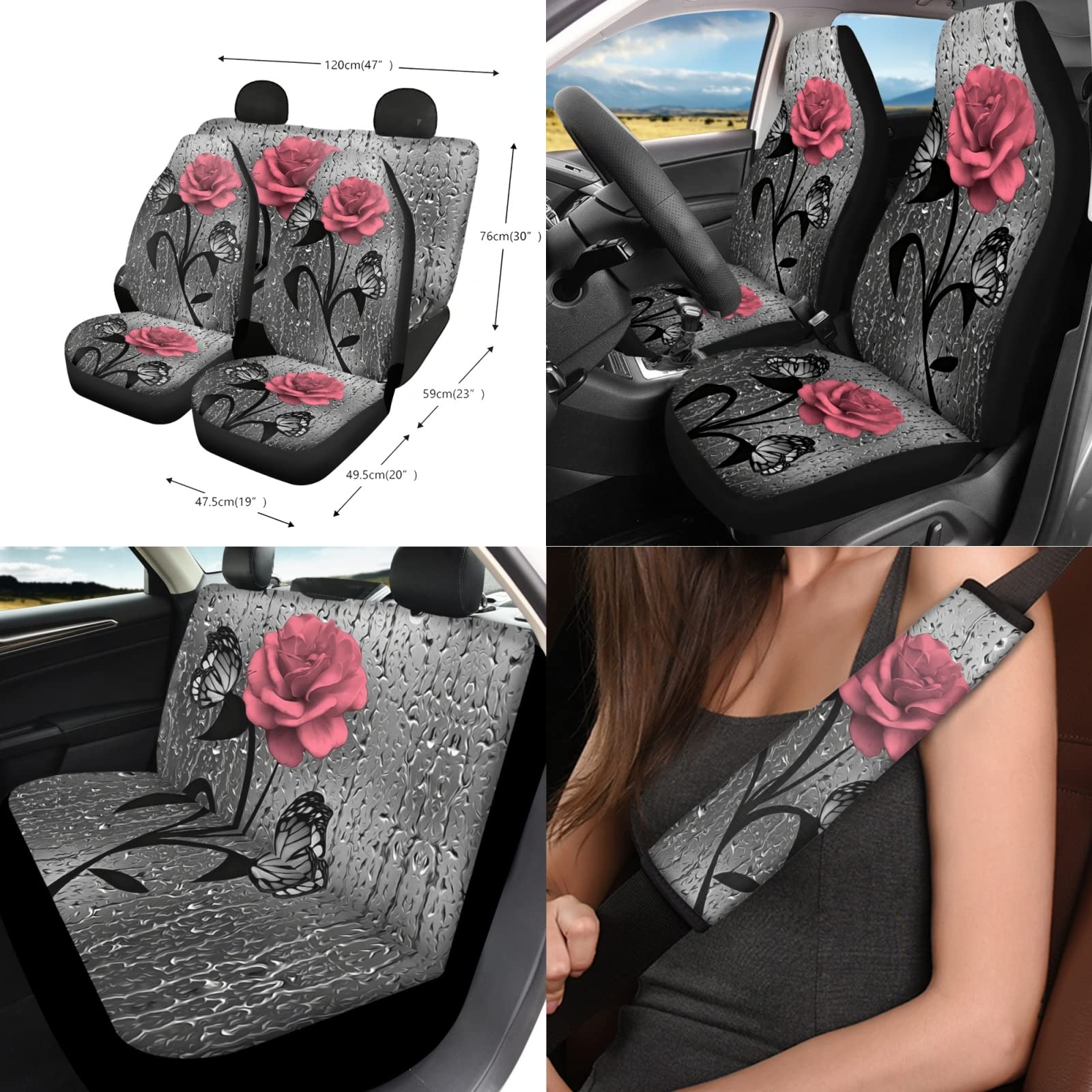 Xoenoiee Juego completo de fundas universales para asiento de auto, incluye soporte para gafas de sol, soporte para gafas de sol, funda para volante, almohadillas para cinturón de seguridad, llaveros