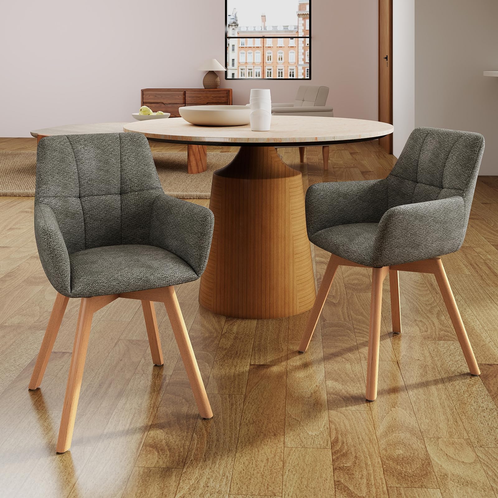 LEWE Esszimmerstühle Drehbar 2er Set mit Armlehne und Holzbeinen,Dunkelgrau | 360°Drehstuhl, Polsterstuhl mit Ergonomische Stoffrückenlehne, Stühle für Esszimmer, Küche, Wohnzimmer, Schlafzimmer