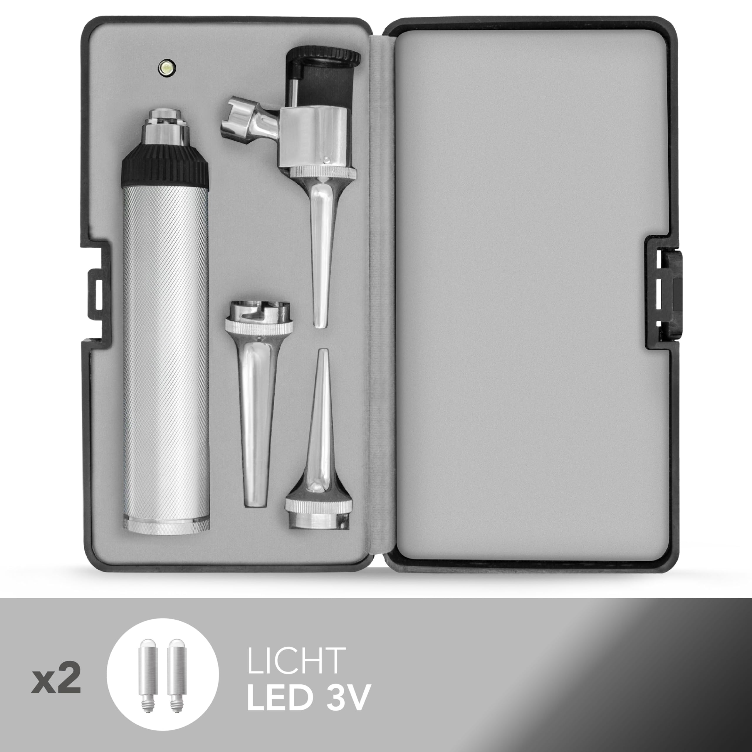 AIESI® Otoskop mit licht Veterinär professionell offenherzig weißlicht LED 3V beleuchtung mit 3 edelstahlkegeln VETSCOPE, Garantie 24 Monate