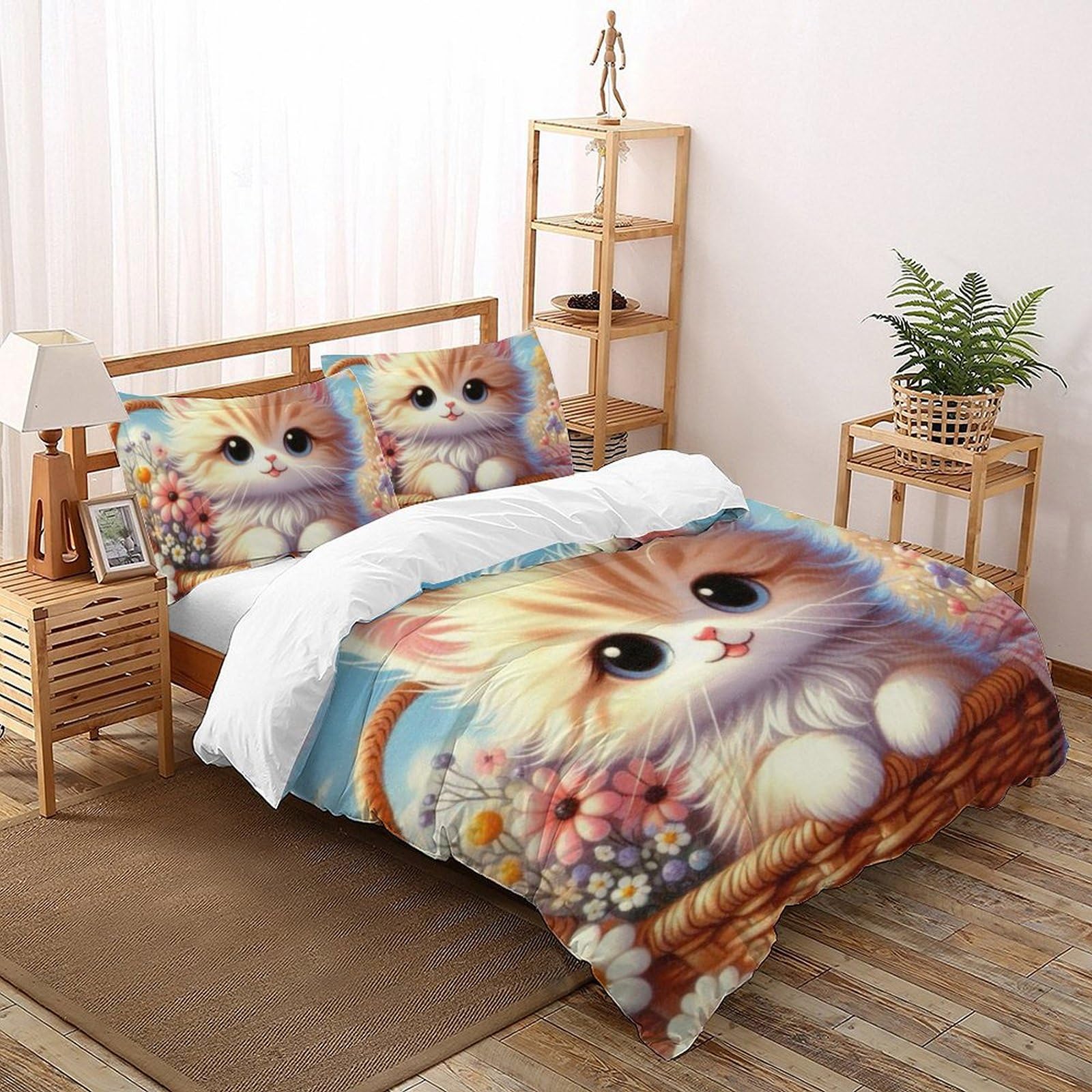 Housse de couette 220x240 chat et fleurs | Parure de lit microfibre avec 2 taies