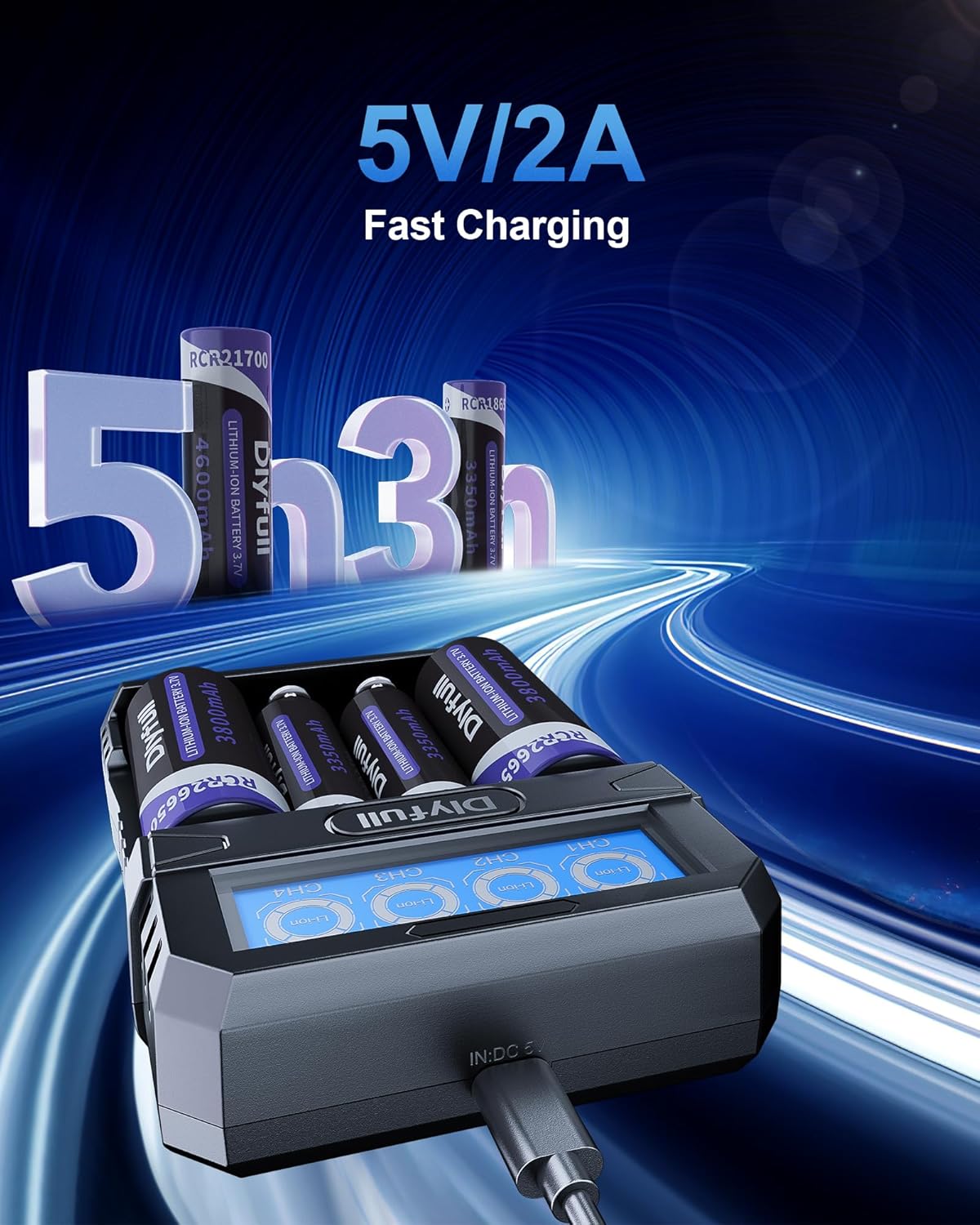 Dlyfull DL4 charger with batteries, illustrating 5V/2A fast charging capability.