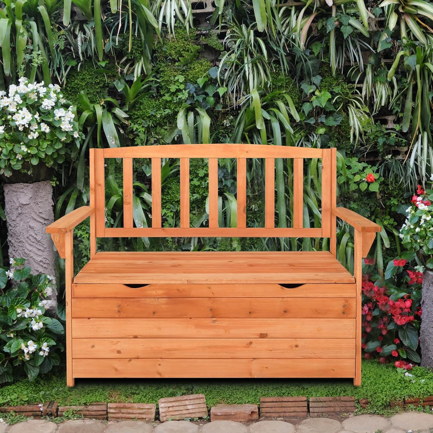 44in Yard Storage Box,Wooden Deck Storage Bench,Waterproof Outdoor Garden Storages Container,Patio Furniture Storages Bench,with Backrest & Armrest,for Porch Lawn Poolside Backyard (Natural)