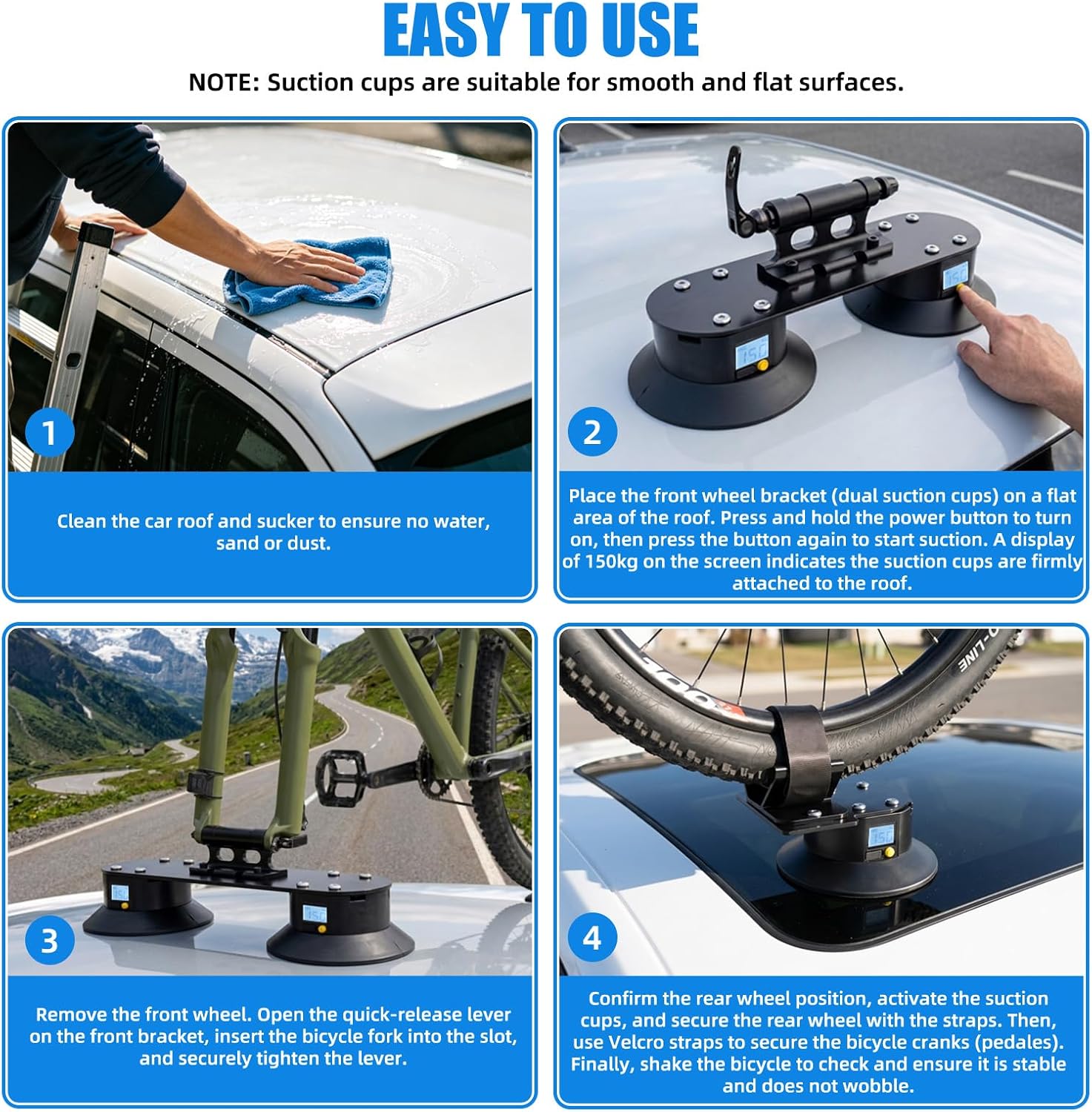Roof Bike Rack with Electric Suction Cup, Quick-Release Bike Mount for Car | for 1 Bike, Road/MTB Bike Rack, Tool-Free Suction Cup Bike Rack for Car Roof, Anti-Scratch Rubber, Auto Boost, 990LBS Suction