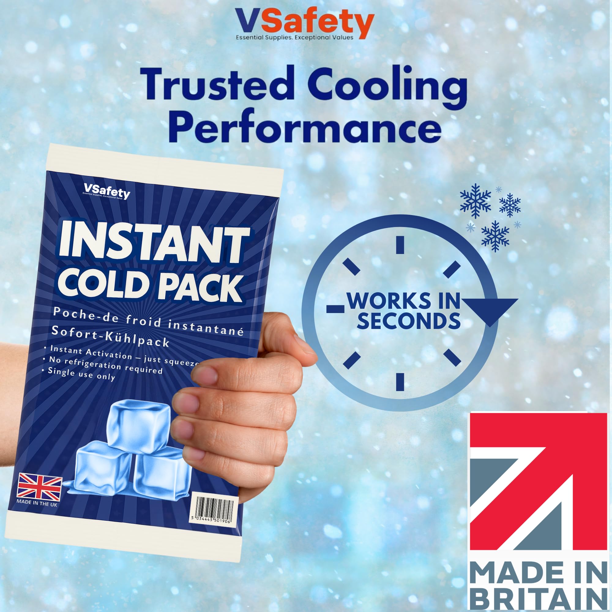 V Safety Instant Ice Packs - UK-Made Disposable Cold Compress, No Refrigeration Needed, Squeeze To Activate - Portable Cooling For Food, Drinks & Outdoor Use - Medium Size (Pack Of 40