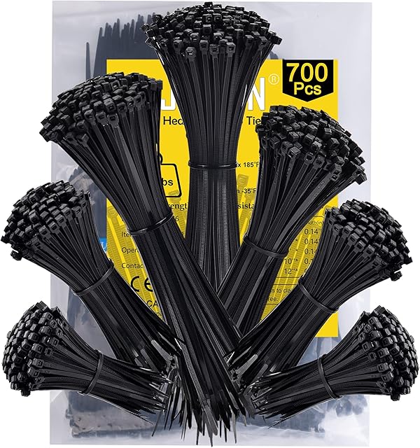 700Pack Cable Ties Assorted Sizes 100/150/200/250/300mm x 3.6 Zip Ties Black Small Wire Tie Wraps Heavy Duty 18kg UV Zipties Plastic Ties for Gardening