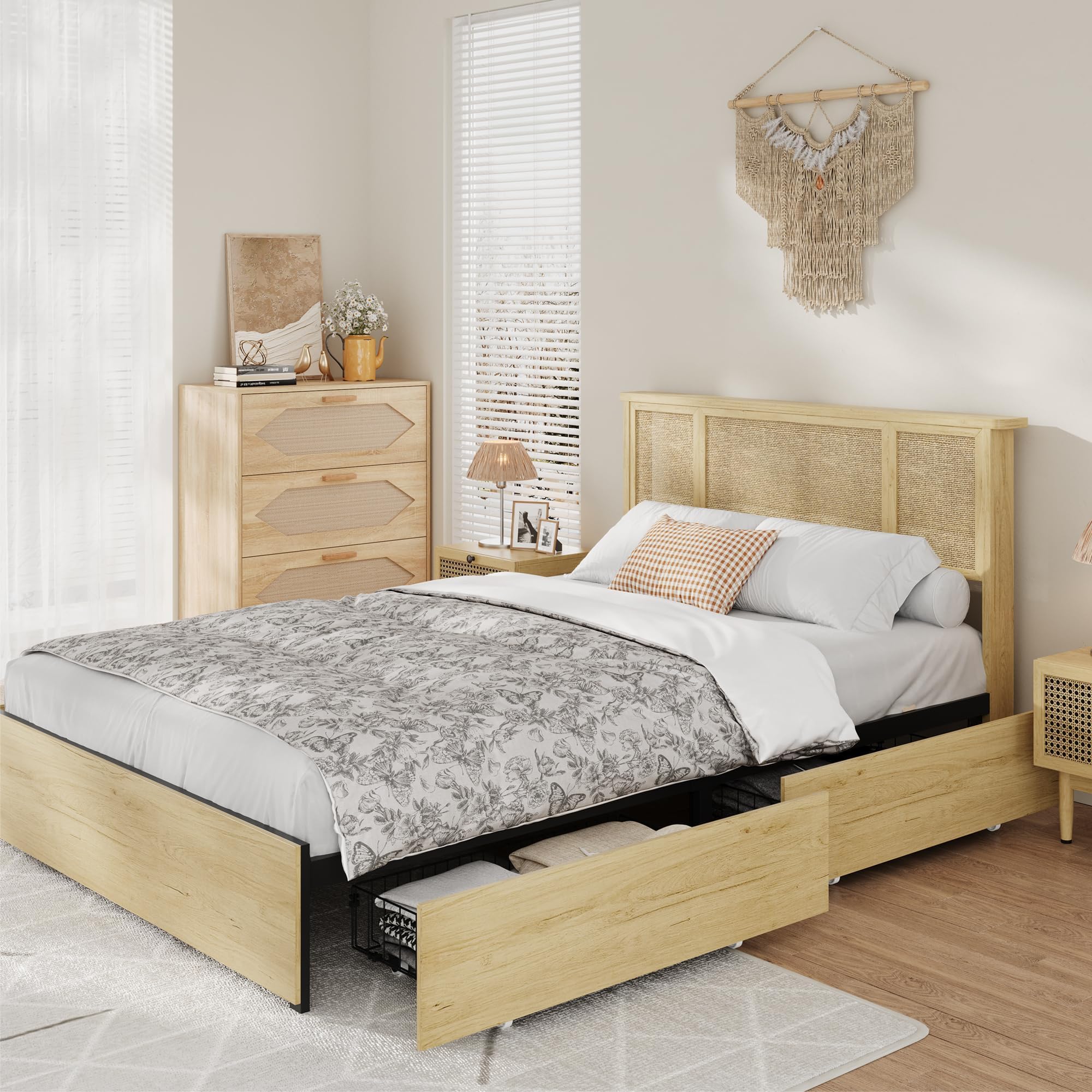IDEALHOUSE Full Bed Frame with Natural Rattan Headboard, Slats, Bohemian-Style Cane Mattress Support, Strong Metal Base with Resilient Wooden, No Box Spring Needed