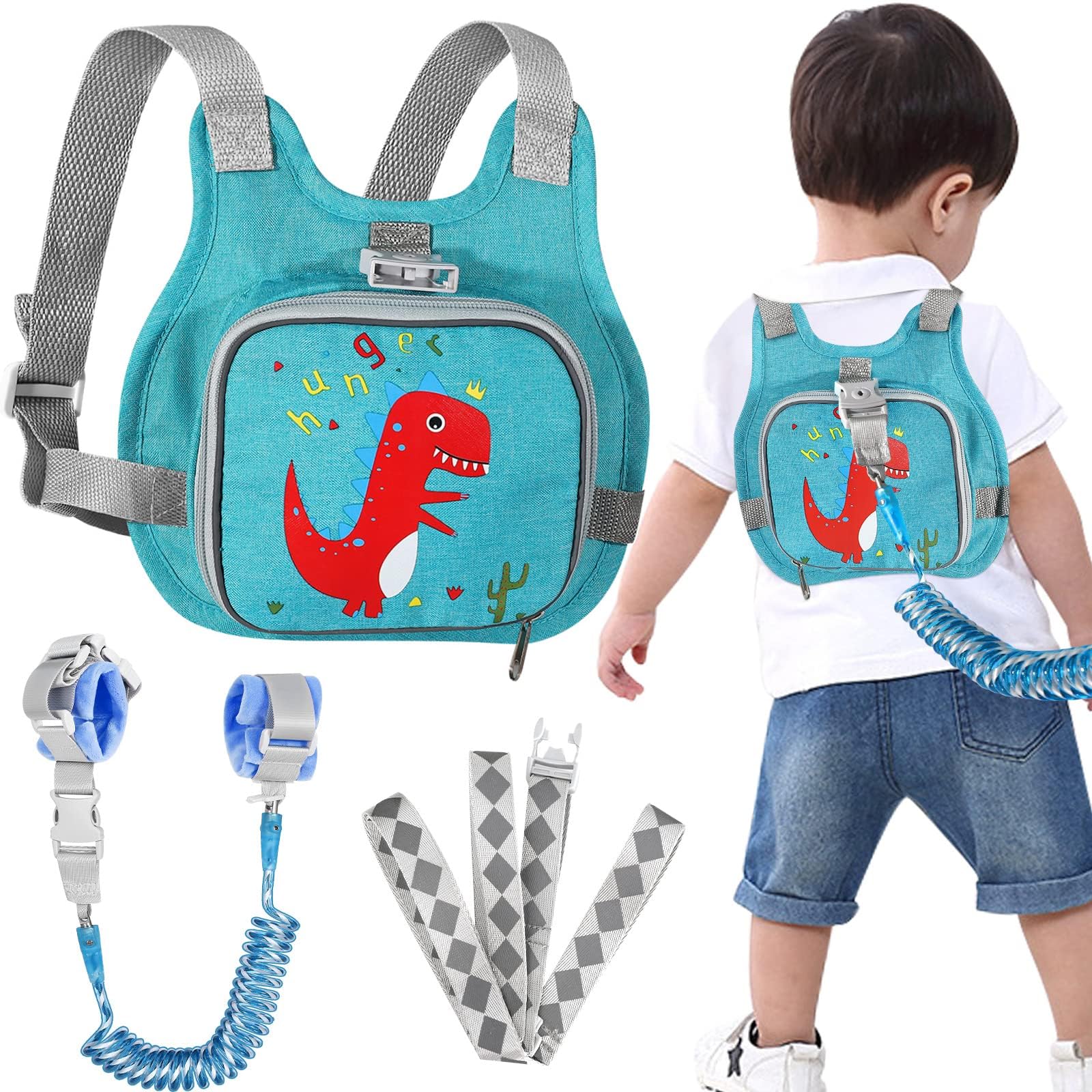 Toddler Harness Leashes & Anti Lost Wrist Link, Anti-Lost Holder Bracelet Strap Tether, Walking Wristband Safety Backpack for Toddlers, for Kids Girls Outdoor Activity Keep Kid Close(Dinosaur)