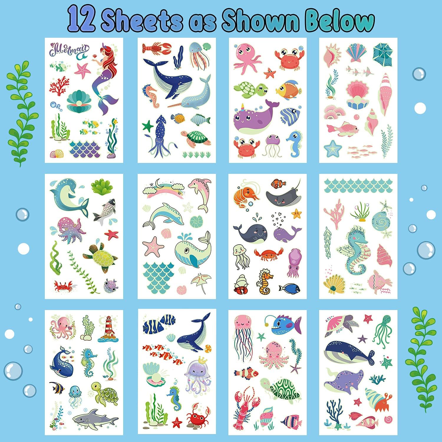 Glow Temporary Tattoos for Kids, Sea Animals Tattoo image 2
