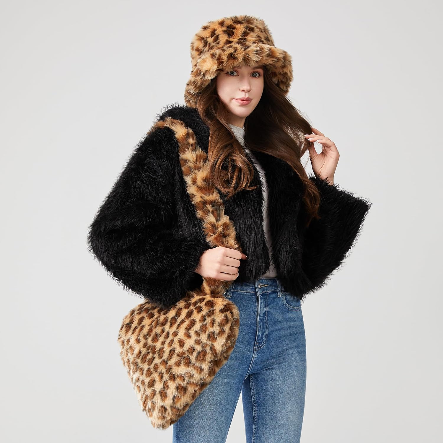 yamerbo Women’s Furry Fur Purse Heart Shaped Shoulder Bag Fuzzy Bucket Hat Sets Fluffy Faux Fur Fashion Girl Handbag Cap Sets