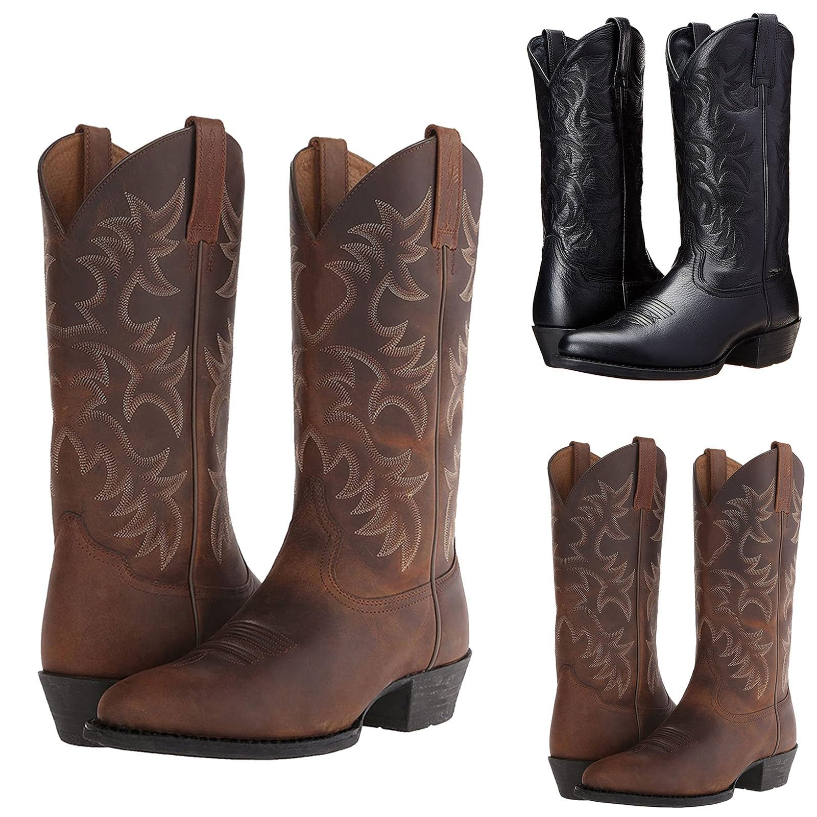 Generisch Stivali da cowboy da uomo in pelle PU, stivaletti in pelle a punta, scarpe lunghe per il tempo libero con tacco in pelle, scarpe da viaggio, antiscivolo, in similpelle, con ricamo