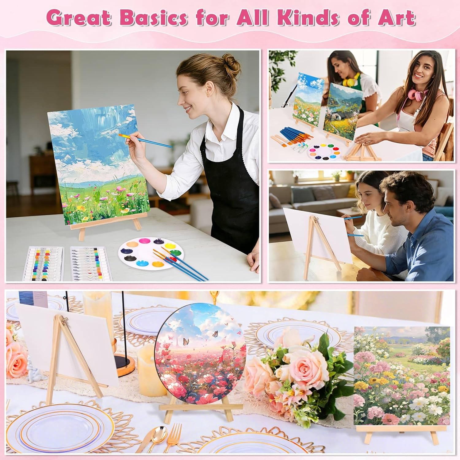 4 Pack Canvas and Easel Set, 8x10 Inch Square& Circular Canvas with Easel Stands, 12 Colors Acrylic Paints, Small Paint Brushes Paint Party Supplies, Sip and Paint Kit for Adults Date Night Couples