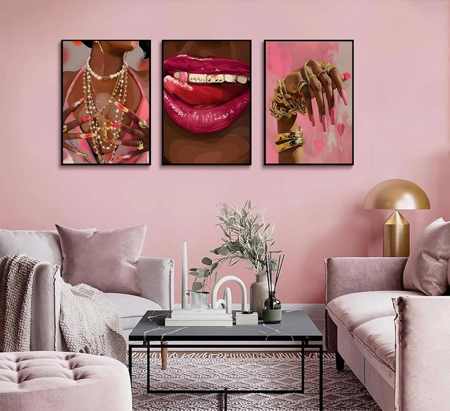 3Pcs Pink Fashion Black Girl Canvas Wall Art African American Vogue Black Girl Poster Print for Living Room Bedroom Home Decoration Unframed