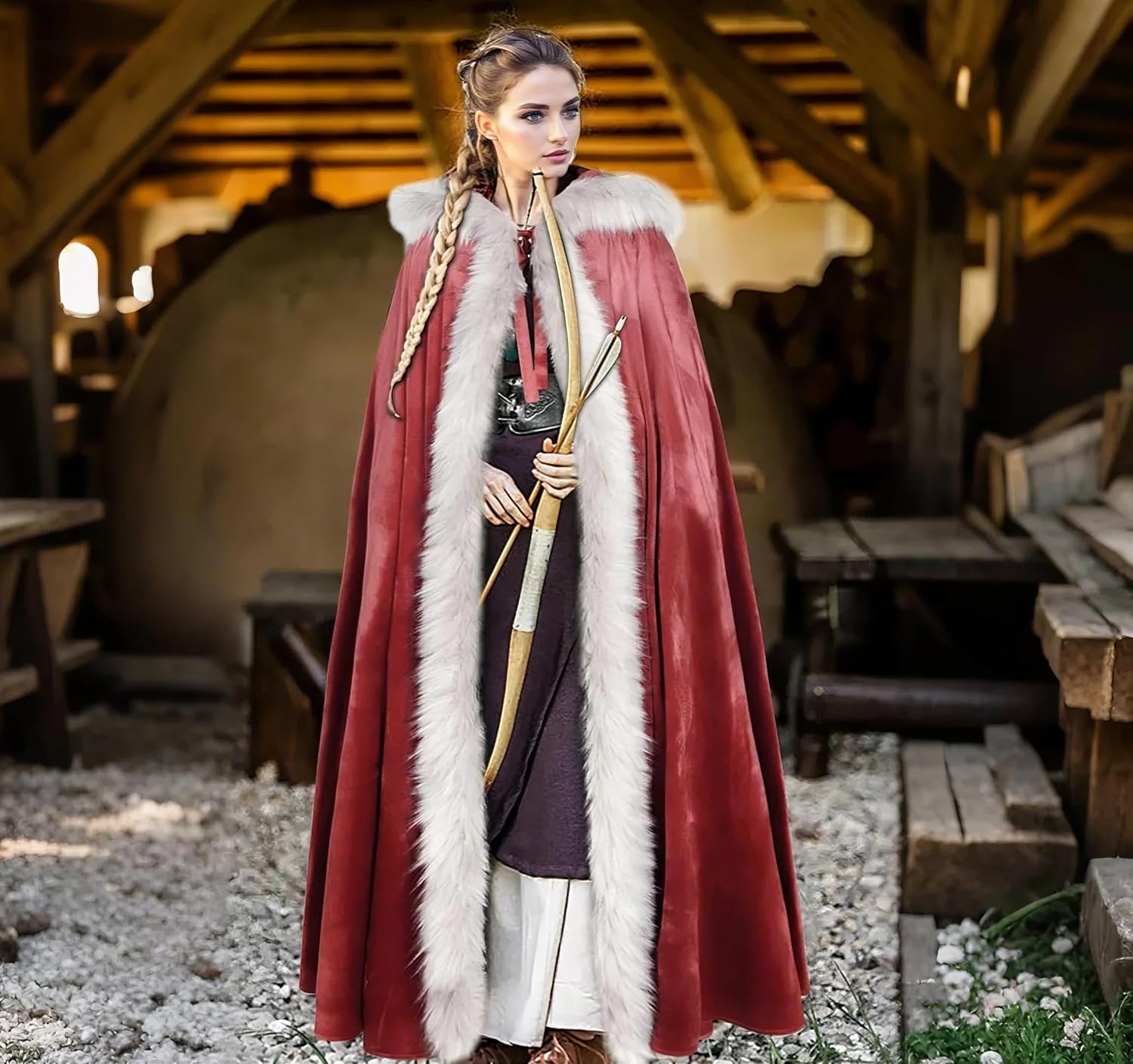 L'VOW Viking Fur Cloak with Hood Fur Hooded Cape for Women Men Ren Faire Medieval Cosplay - Image 2