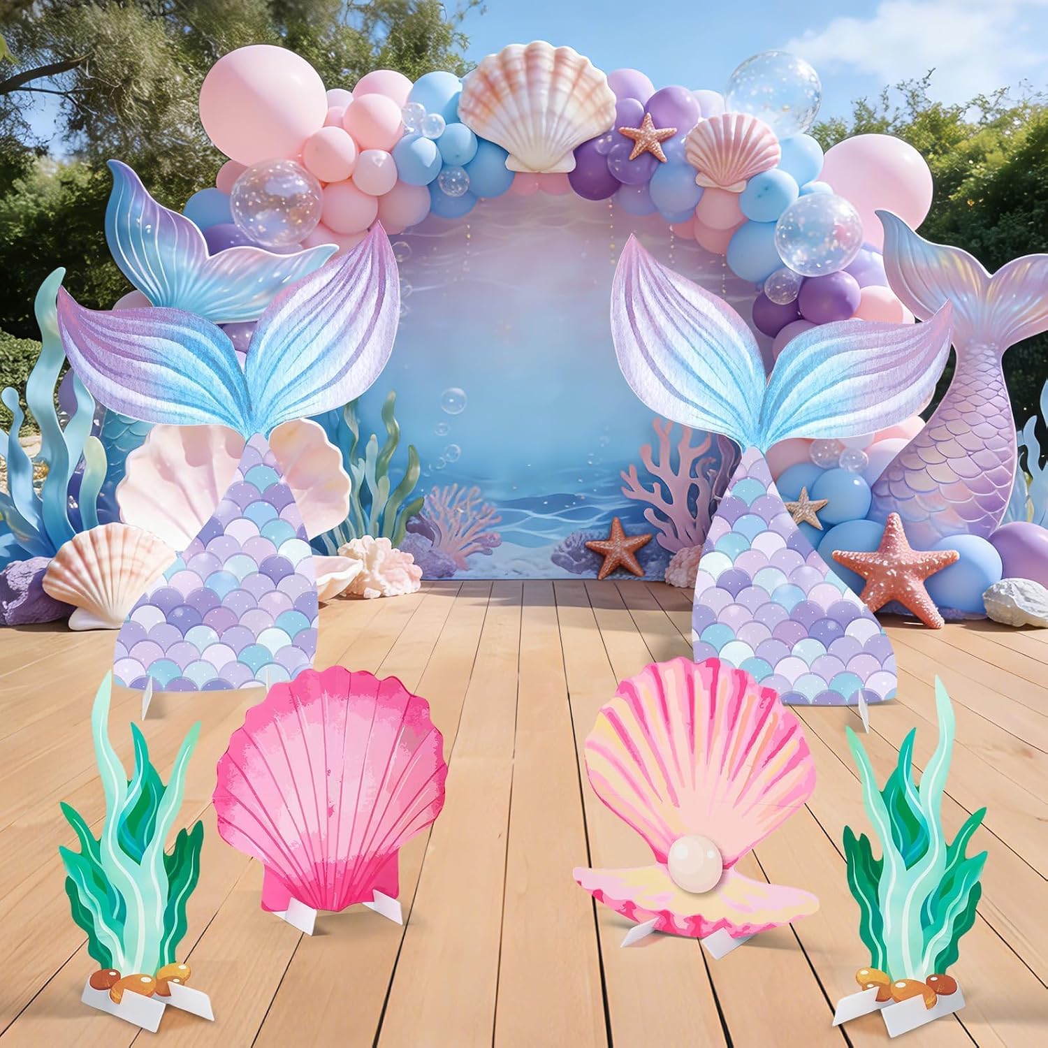 6 Pcs Under The Sea Party Decorations Set Large Mermaid Tail Seaweed Seashell Cardboard Cutouts Ocean Party Backdrop Photo Props for Mermaid Theme Birthday Baby Shower Indoor Outdoor Decor