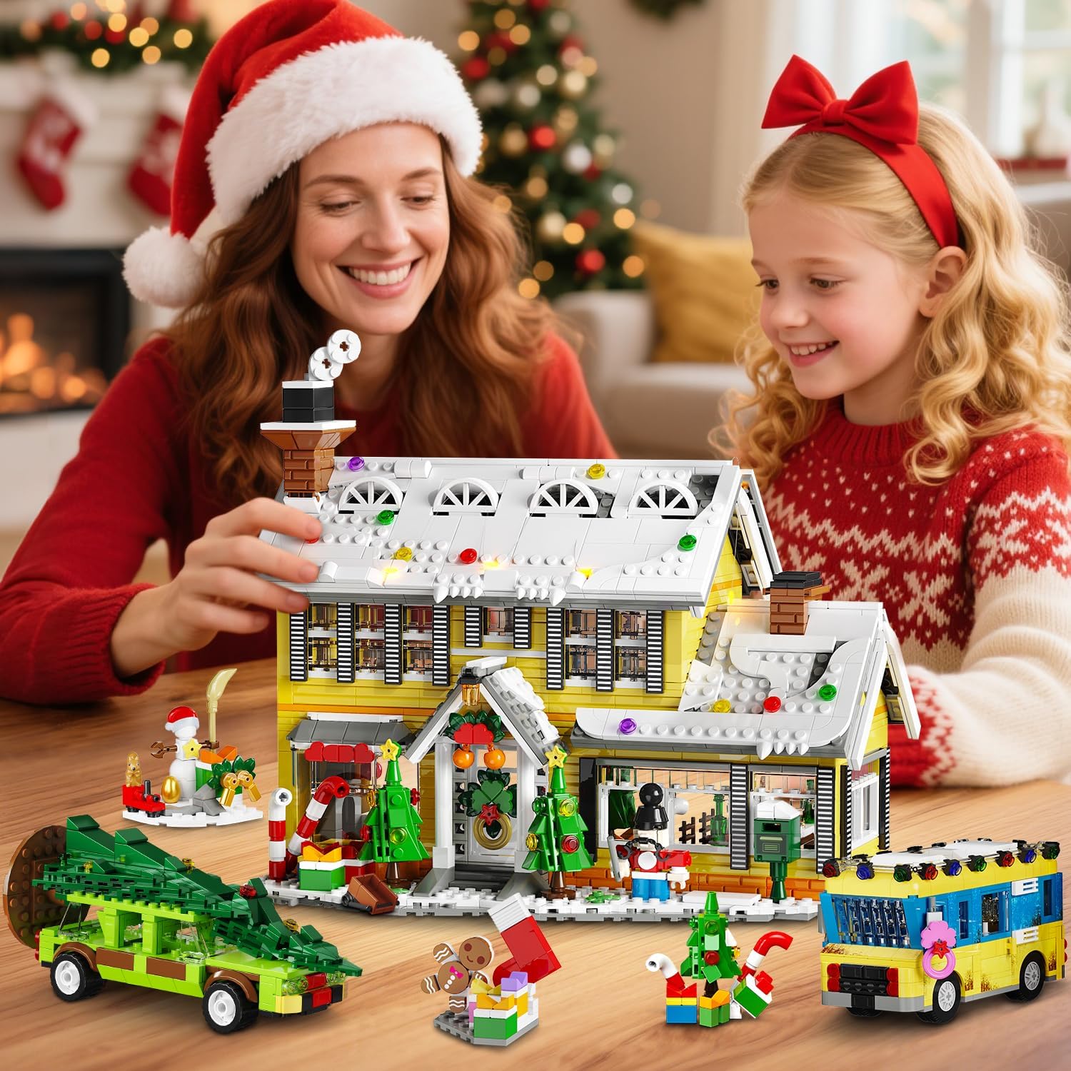 HOGOKIDS Advent Calendar 2025 Christmas Building Set with Light, 24 Days Christmas Countdown House Mini Building Block Kit with Bus & Pickup Truck, Holiday Toys Gift for Adults Kids Girls Boys Age 12+