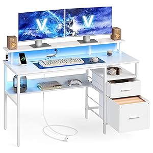 VASAGLE Escritorio con Cajones de Tela, Luces LED y Tomas Corriente Incorporadas, Estante para Monitor, 55 x 135 x 90 cm, 2 Puertos USB-A, para Oficina Casa, Blanco Arce LWD094W01