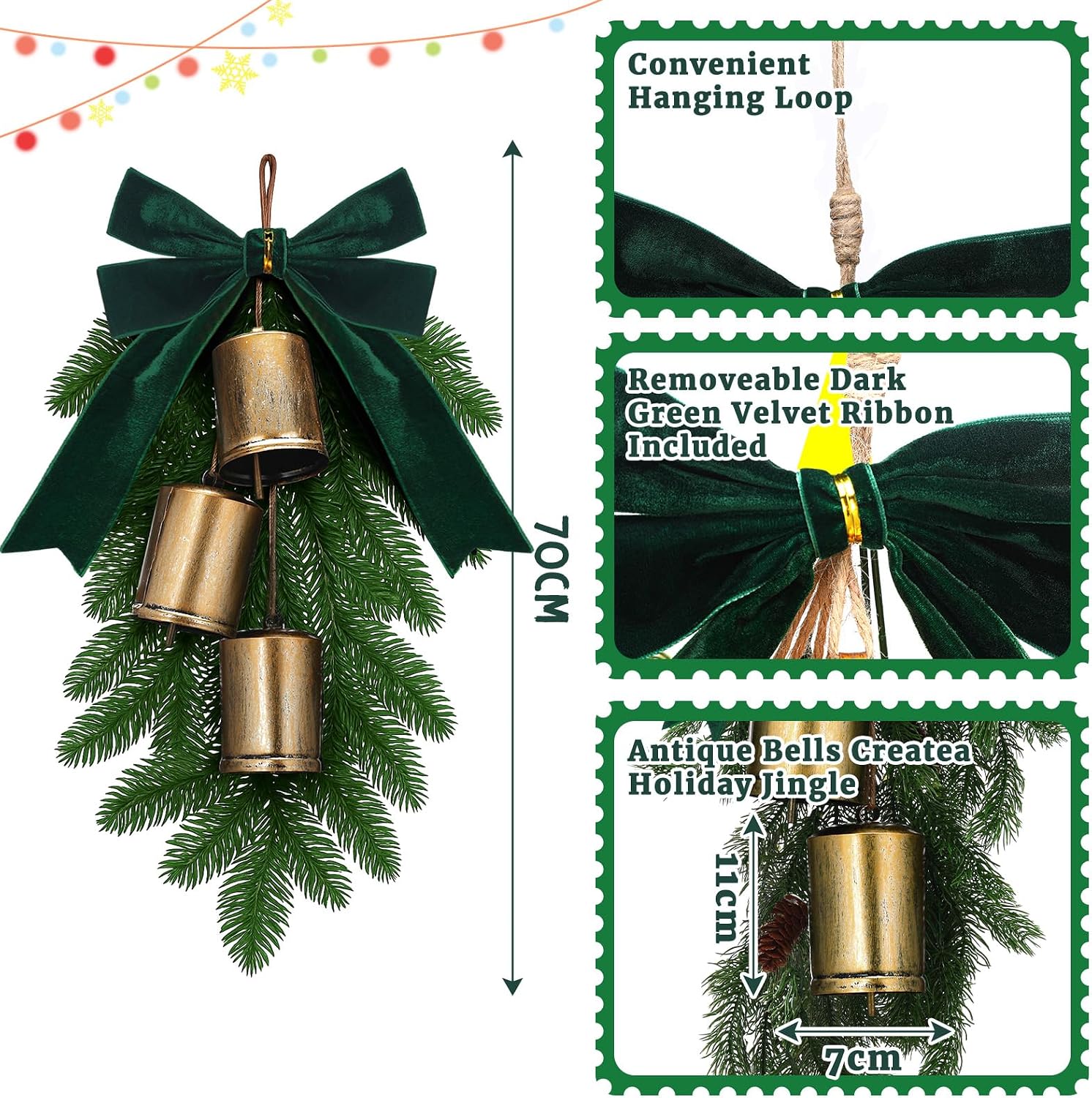 Suncalla 28" Vintage Christmas Teardrop Swag Artificial with Bow Retro Cow Bells Pine Needles Teardrop Door Swag for Xmas Holiday Front Door Table Mantle Fireplace Indoor Outdoor Home Decor (Bronze)