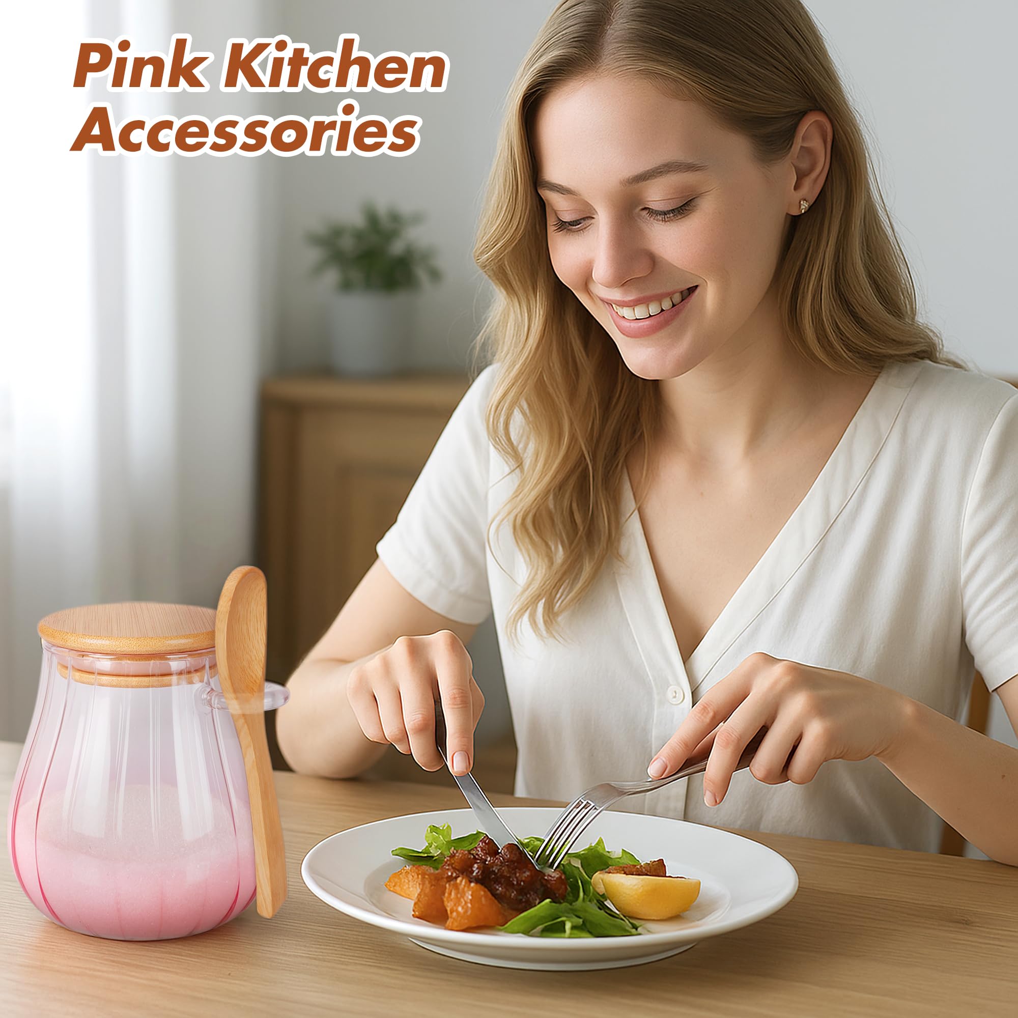 Azucarero rosa de 15 onzas con tapa y cuchara de bambú, decoración y accesorios de cocina rosa, tarro de vidrio con tapa hermética, contenedor de azúcar moreno, contenedor de azúcar para cafetería y 7
