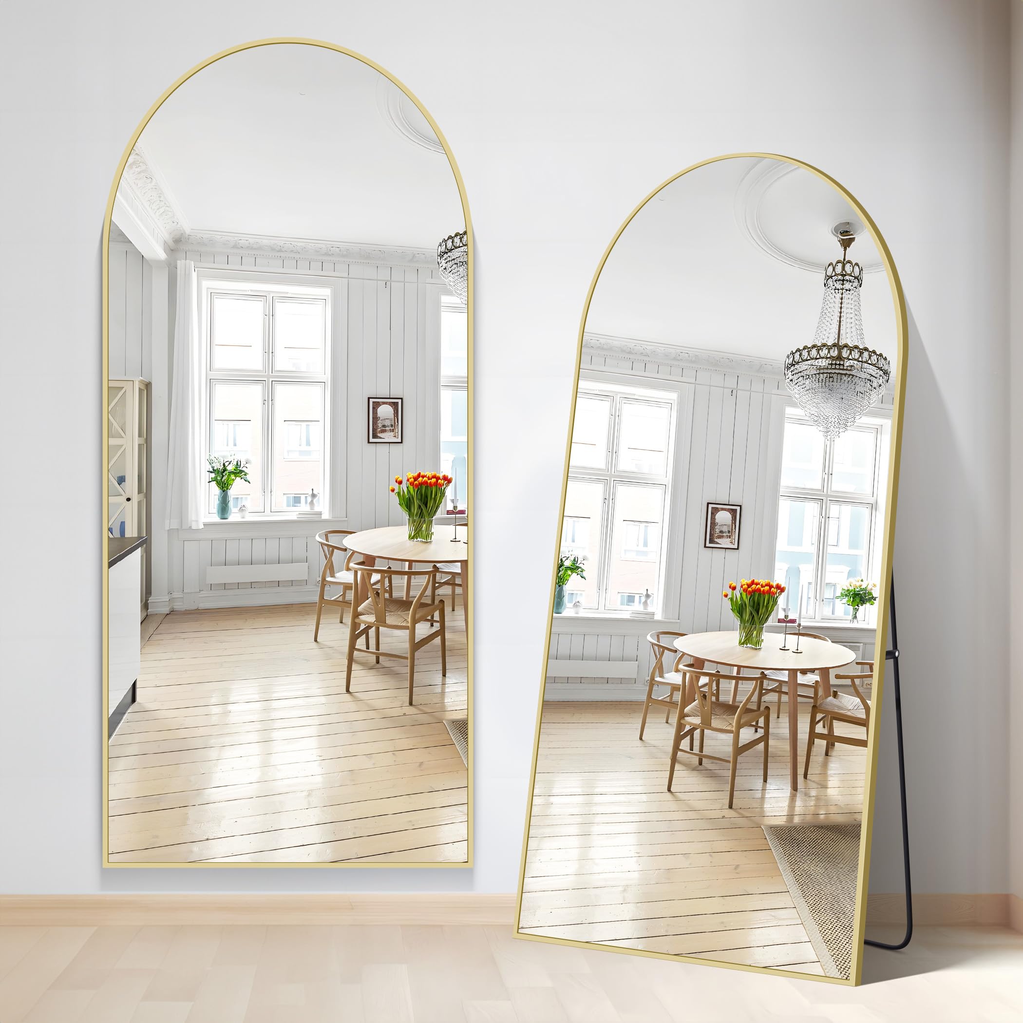 NASSYOU Specchio da Terra, 192 x 85 cm Specchio ad Arco con Cornice in Alluminio Oro per Bagno, Camera da Letto, Ingresso e Corridoio