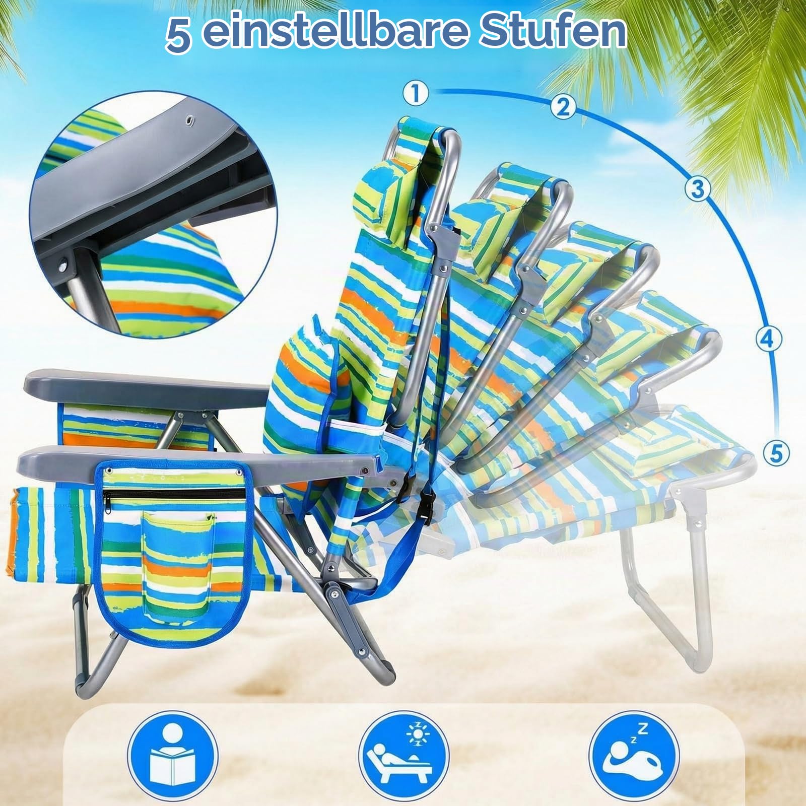 LIFERUN Strandstuhl Klappbar,2er Set,mit Verstellbare Rückenlehne,Grün | Rucksackfunktion, 4-stufig Verstellbar, mit Kühlfach, Kopfstütze, Lendenkissen & Atmungsaktivem Oxford-Gewebe für Outdoor