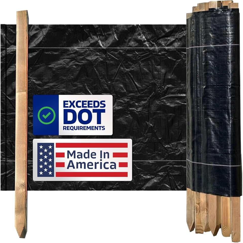 3 ft x 100 ft DOT Silt Fence with Wood Stakes (4 ft) - Sediment and Erosion Control - Made in USA | Sandbaggy (8, Black)