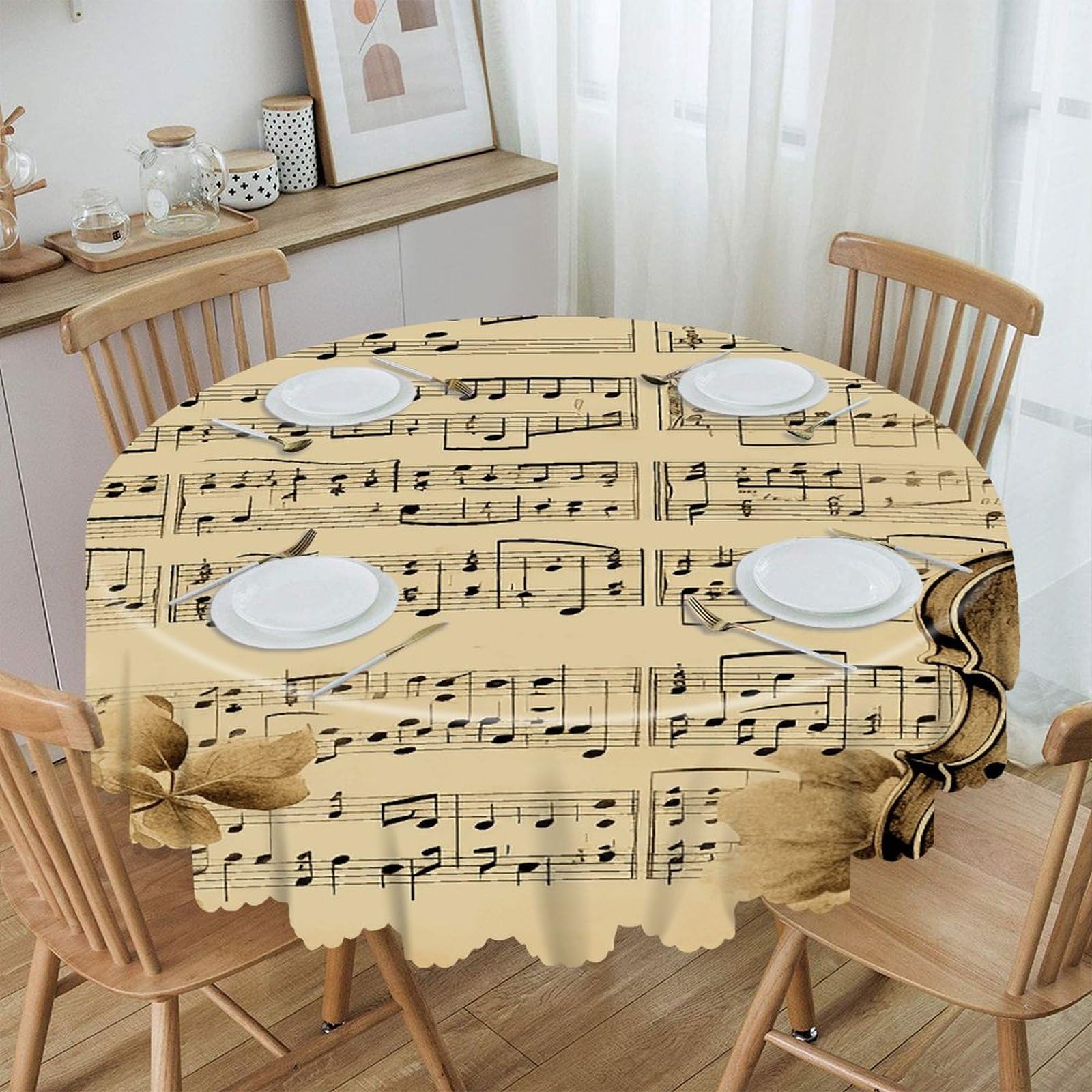 VstaDank Music Notes on Old Paper Round Tablecloth Wipeable Round Polyester Tablecloth Waterproof Wrinkle Free Indoor and Outdoor Table Cover 60 Inch Decorative Farmhouse Table Cloth for Dining