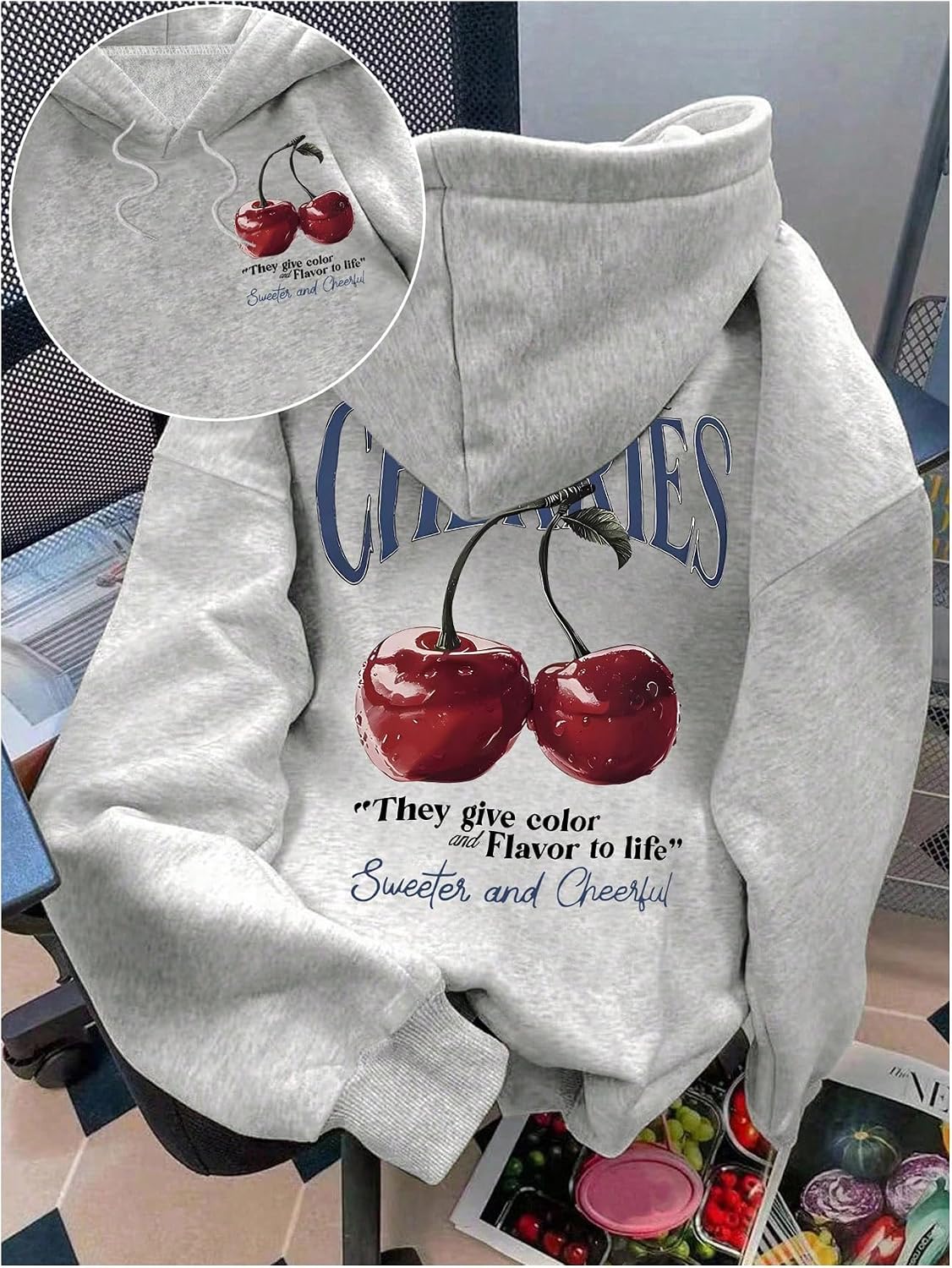 SHENHE Women's Cherry Hoodie Graphic Long Sleeve Loose Fit Fleece Lined Sweatshirt Pullover