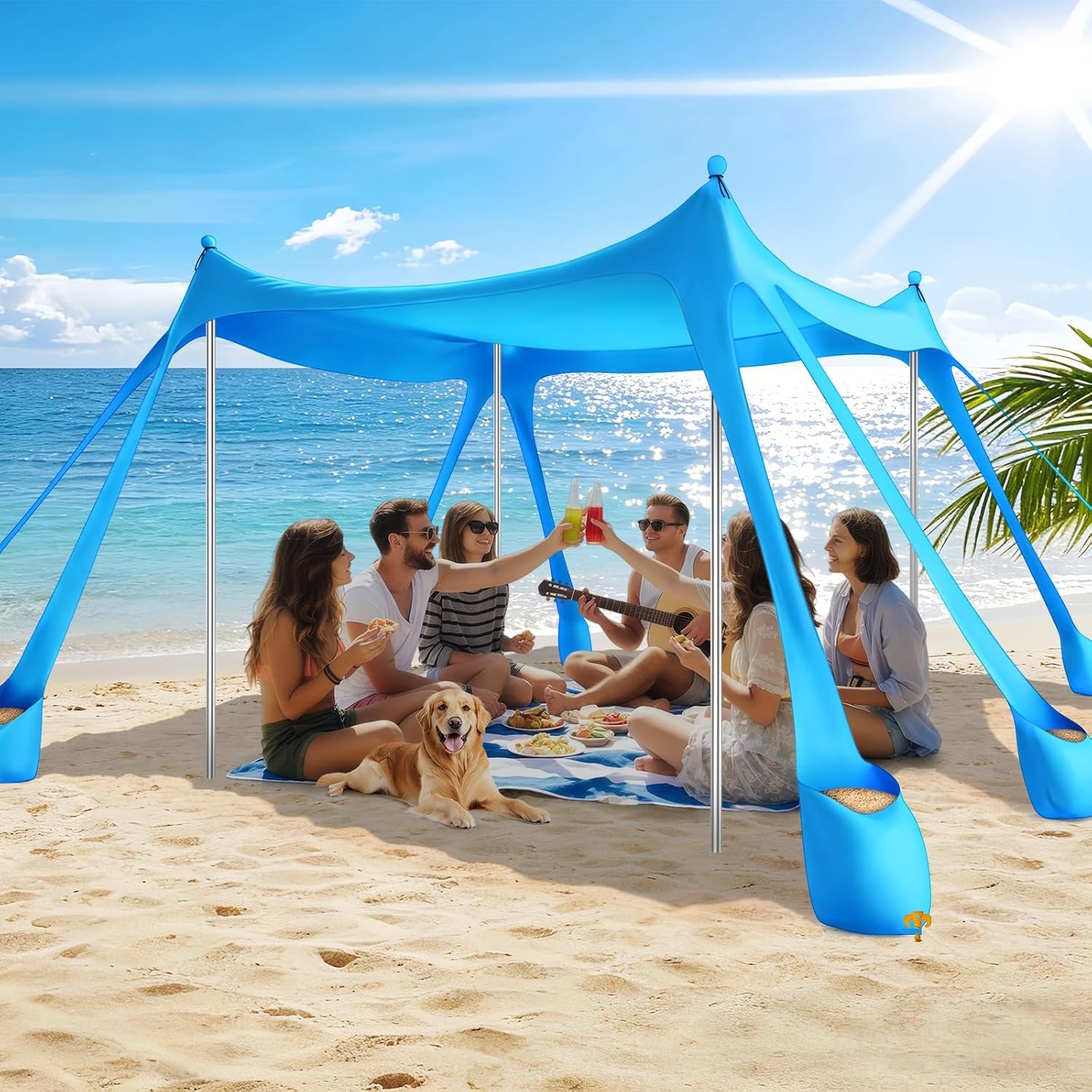 Strandzelt Sonnenschutz UPF 50+, 3 x 3 m Strand-Vordach Sonnenschirm, Pop-Up Strandvordach mit 8 Sandsäcken, Outdoor Sonnenschutz für Campingausflüge, Angeln