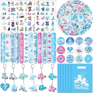 110 PCS Ice Skating Skate Party Favors, Winter Ice Skating Skate Stickers Temporary Tattoos Slap Bracelets Keychains Badges Gift Bags Ice Skating Birthday Party Decorations Supplies for Kids