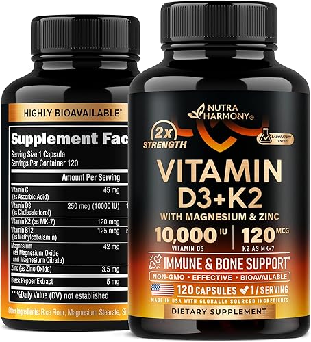 Vitamina D3 K2  Vitamina D3 10000 iu y K2 como MK-7 120 mcg  Apoyo inmunológico y del estado de ánimo, para la salud de huesos y dientes  con