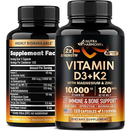 Vitamin D3 K2 - Vitamin D3 10000 iu & K2 as MK-7 120 mcg - Immune & Mood Support, for Bone & Teeth Health - with Magnesium, Zinc & Vitamin C & B12 - Highly Bioavailable - Made in USA, 120 Capsules