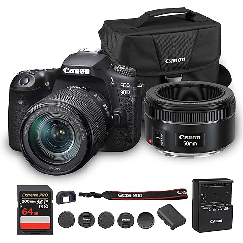 Canon EOS 90D DSLR Camera with 18-135mm Lens | 32.5MP APS-C Sensor, Dual Pixel AF & 4K Video | for Wildlife, Sports & Travel Photography (3616C016) + Canon EF 50mm f/1.8 STM Lens + Bag + 64GB Card