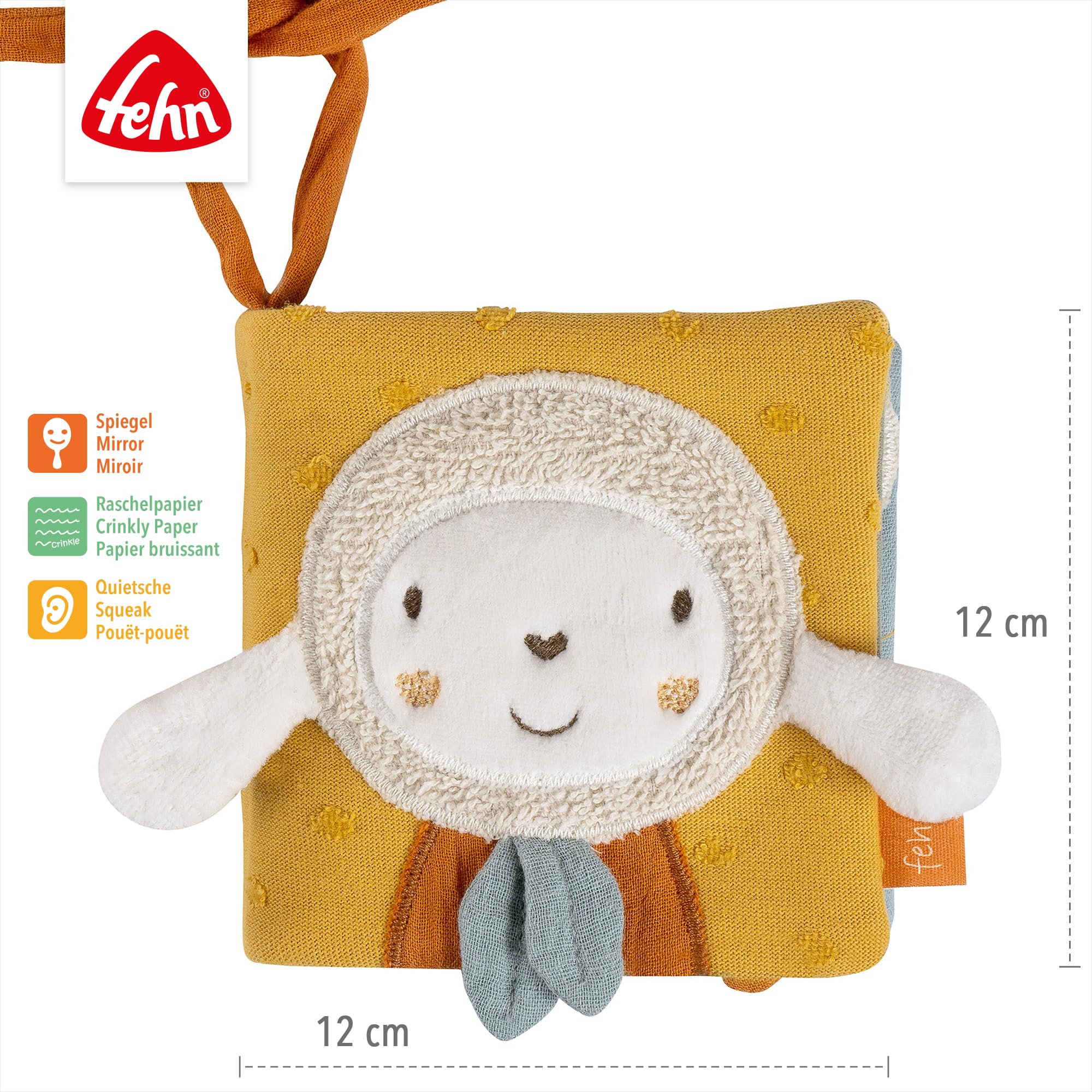 Fehn livre tactile mouton NATUR - Livre pour poussette en tissu - avec couineur, papier bruissant, miroir et cordons de fixation - Livre en tissu pour bébés et enfants en bas âge dès la naissance