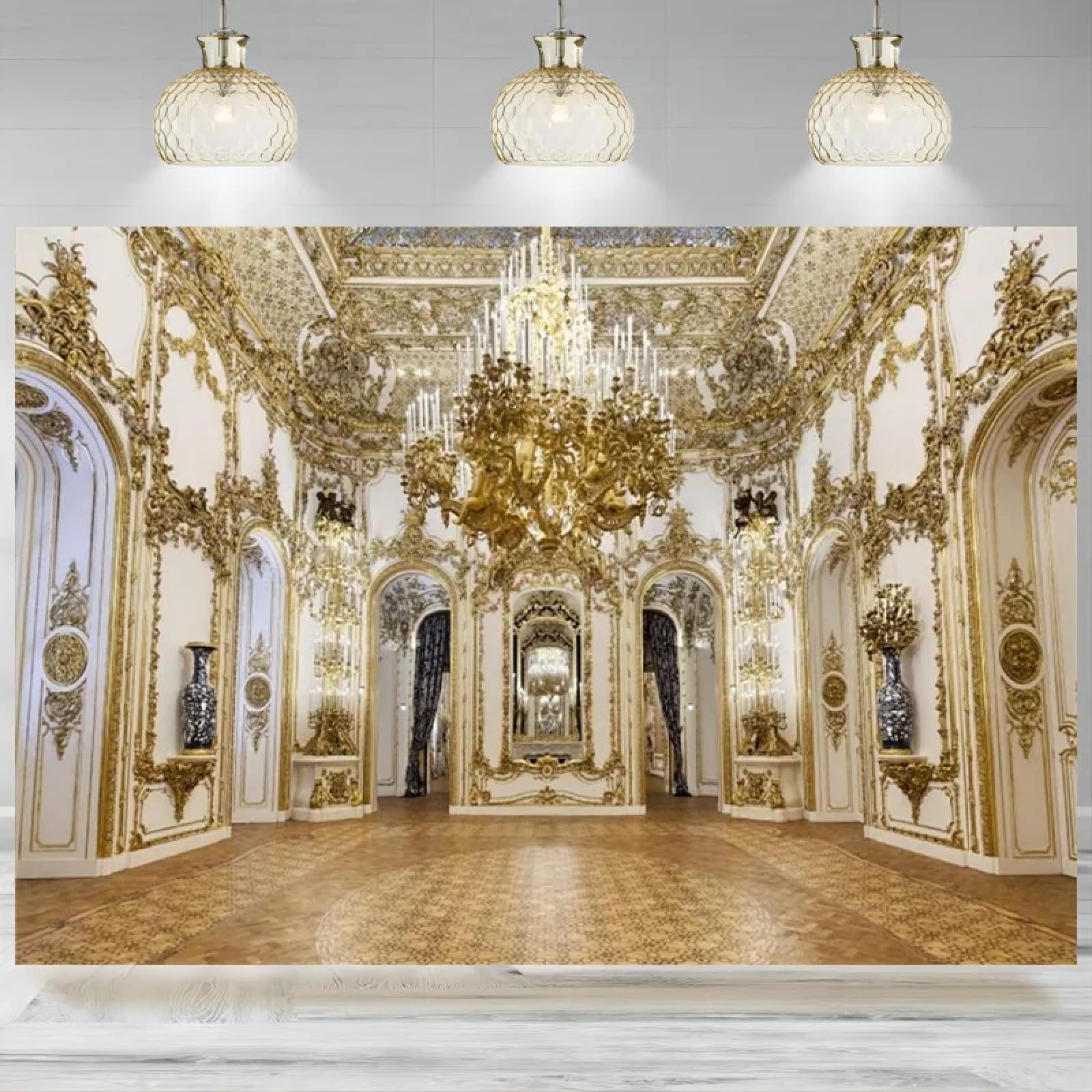 Luksusowe tło pałacowe do fotografii, żyrandol, drzwi łukowe, szlachetny hotel, tło dla dzieci i dorosłych, do zdjęć, baner urodzinowy 440 x 300 cm