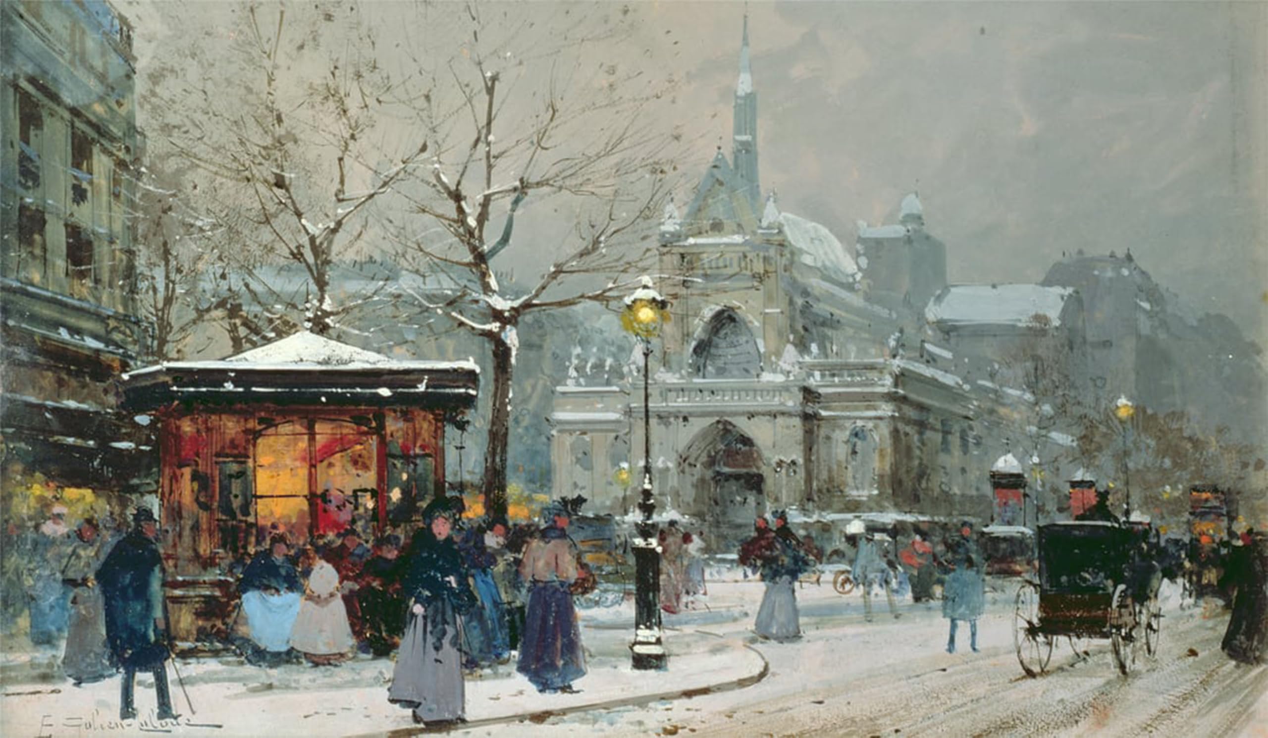 SERENDIPITP Vintage Picture Print on Canvas Wall Art Poster Snow Scene in Paris by Eugene Galien Laloue Artwork Print Poster for Wall Decor 60x90cm