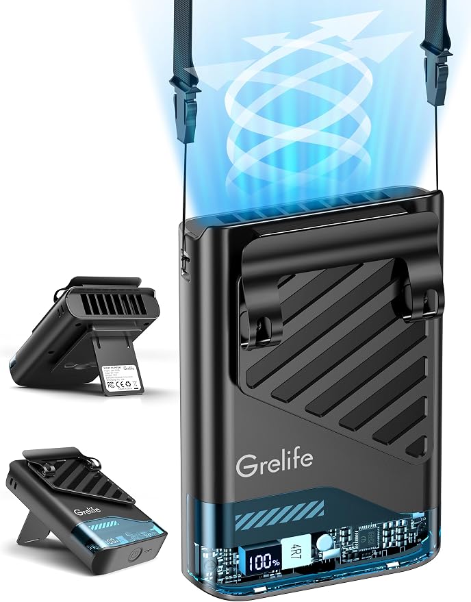 Grelife 2025 AI Portable Waist Fan shown in black, clipped to a belt.