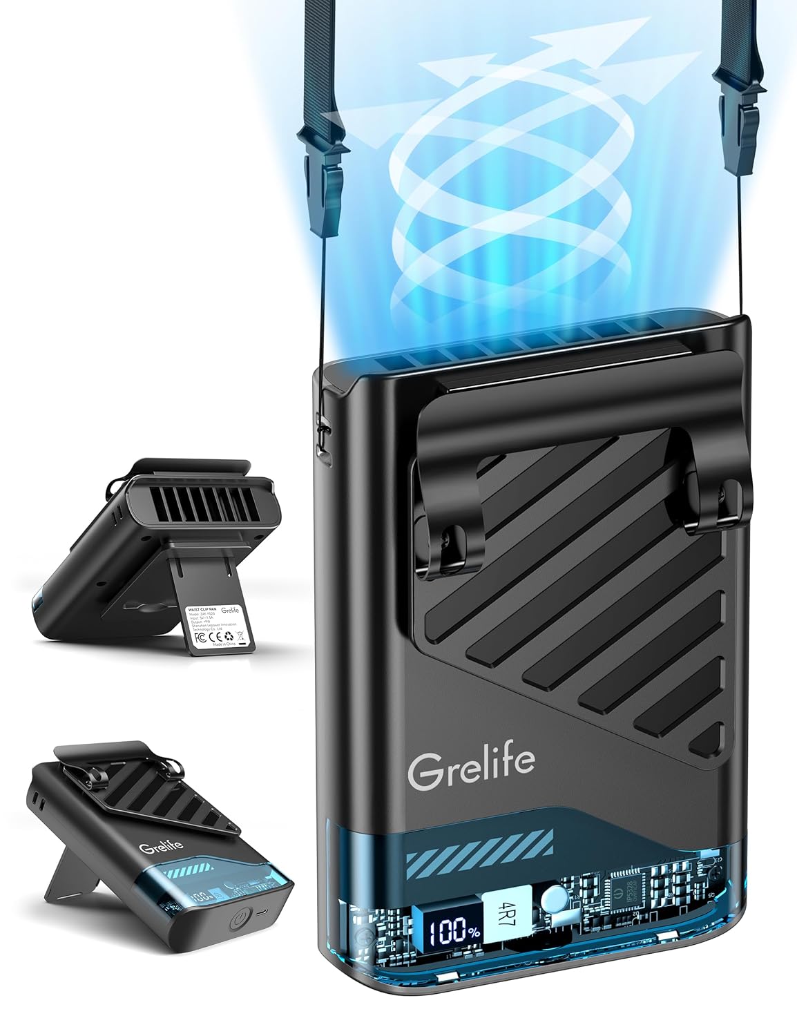 Grelife 2025 AI Portable Waist Fan Rechargeable with LED Display 40H Runtime 5 Speed 10000RPM Cooling Personal Clip