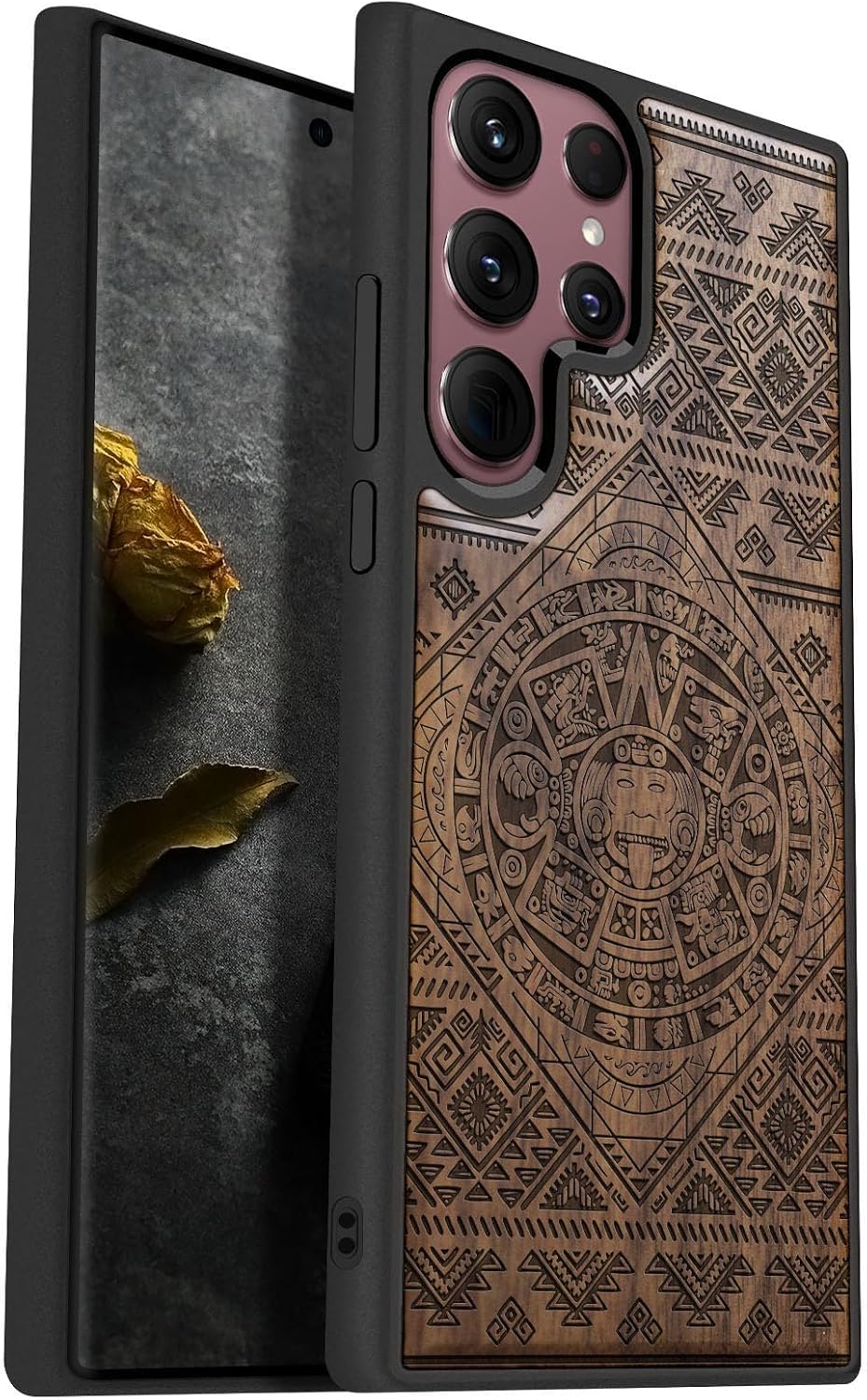 Carveit Wood Case for Galaxy S22 Ultra Case [Natural Wood & Black Soft TPU] Shockproof Protective Cover Unique & Classy Wooden Design Compatible with Samsung S22 Ultra (Aztec Calendar-Walnut)