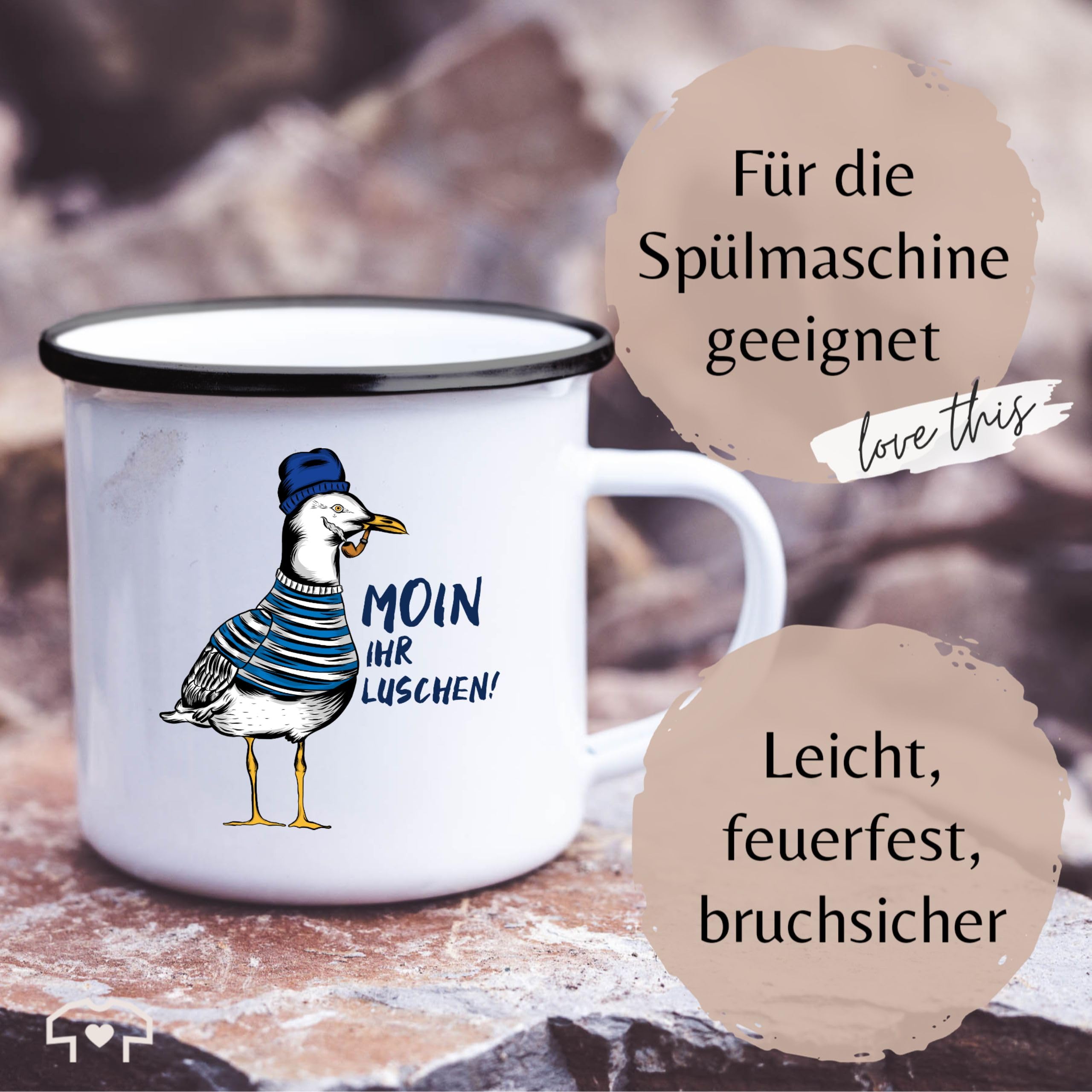 Emaille-Tasse Mit Spruch – „Bitte Herr, Lass Hirn Regnen“ – Weiß Mit Silbernem Rand, 300 Ml (robust & Spülmaschinengeeignet)