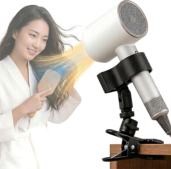 ドライヤースタンド ハンズフリー クリップ式 360度回転 角度調節 強力固定 ドライヤーホルダー 両手解放 スマホを見ながらドライ 洗面所 デスク ペット 犬 猫 トリミング (ブラック) - 1