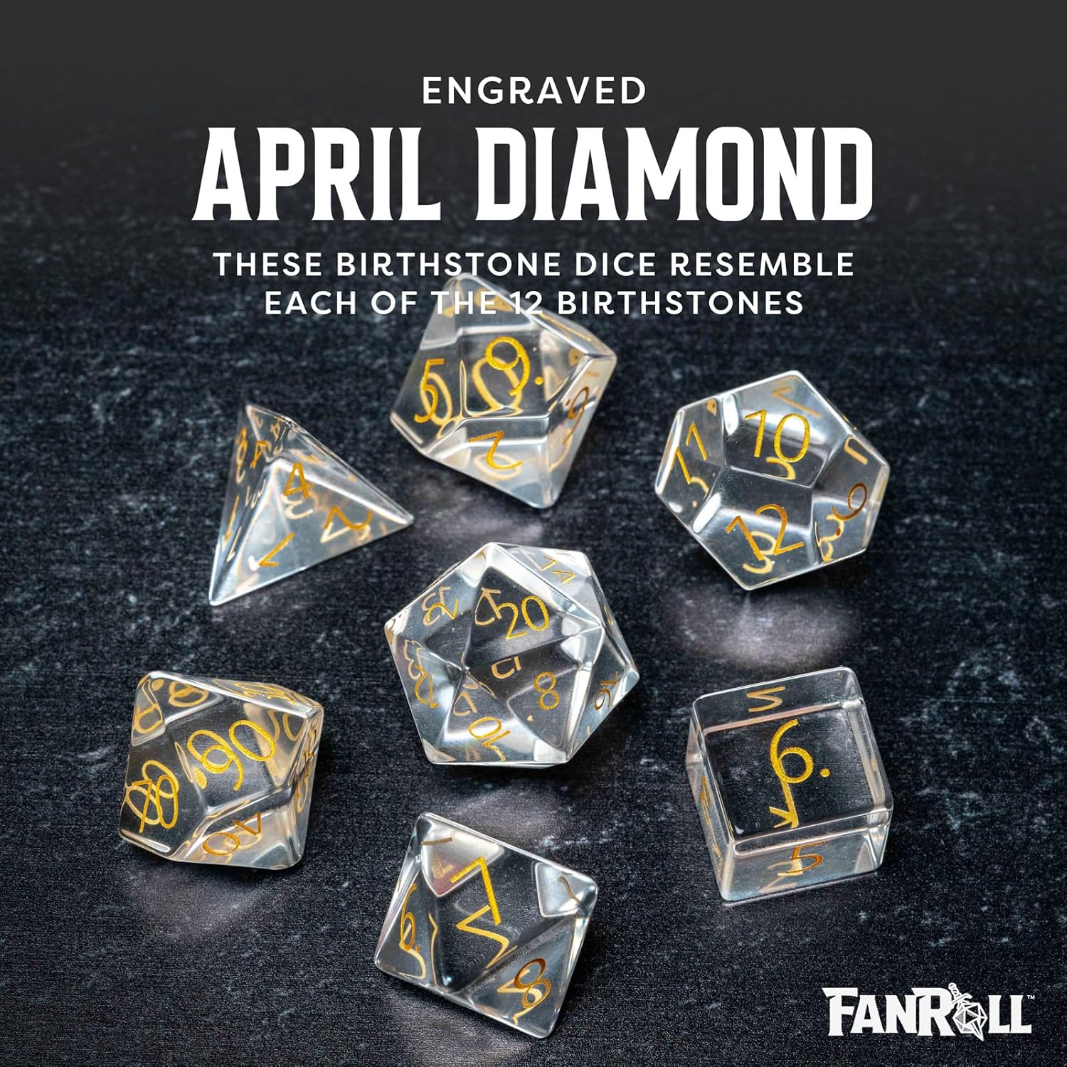 FanRoll 16mm Birthstone Stone Poly DND Dice Set: Engraved April Diamond, Role Playing Game Dice for Dungeons and Dragons