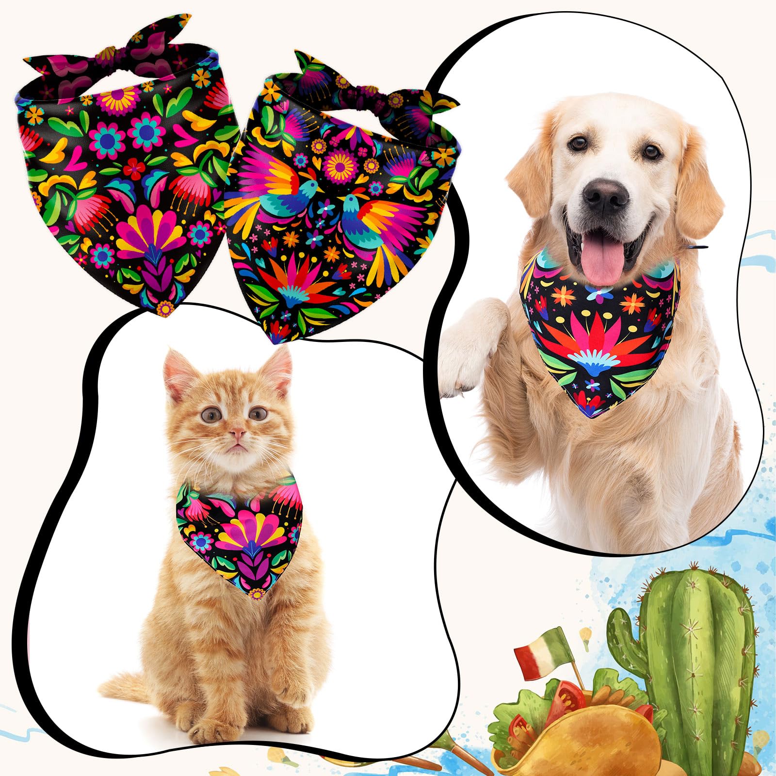 2x Mexikanisches Hundehalstuch – Baumwolle, Verstellbar, Buntes Blumenmuster, Für Cinco De Mayo & Fiestas