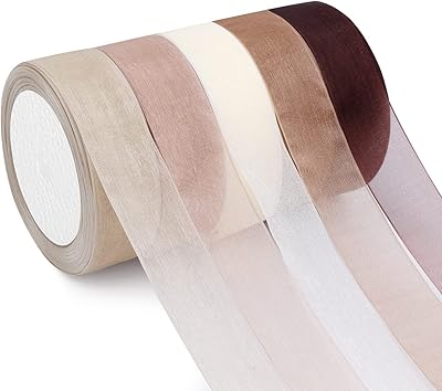 Showin 5 Rolls Organza Ribbon 1" x 25 Yd Each Roll, Fall Sheer Chiffon Ribbon, Transparent Sheer Ribbon for Gift Wrapping,...