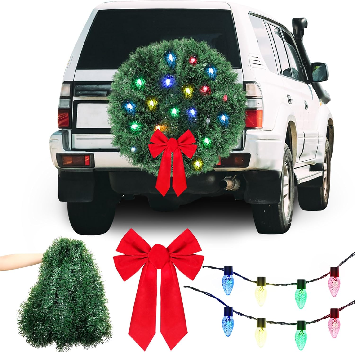Christmas Car Decoration Car Christmas Wreath 164 ft Large DIY LED Lights Artificial Wreath 2026 for Front Grill Lighted with Red Bow Truck Decoration, No Batteries Included