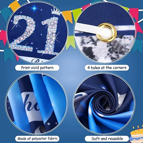 Miniatura 3 de Cartel azul de decoración de cumpleaños número 18 para niños y niñas, telón de fondo azul marino y plateado de feliz cumpleaños 18, suministros de
