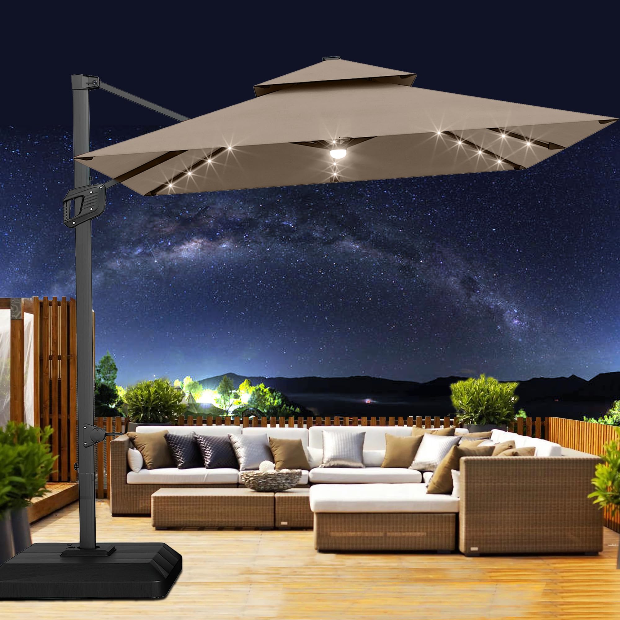 GarveeLife 10' x 10' Heavy Duty Cantilever Patio Umbrella with Solar LED Lights & Weighted Base, 2-Tier Square Aluminum Offset Outdoor Umbrella with 360-Degree Rotation for Backyard, Deck, Pool, Tan