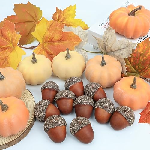 Miniatura 2 de 21 piezas de calabazas falsas para decoración de otoño de Acción de Gracias, calabazas de plástico con bellotas, hojas de arce, decoración de mini